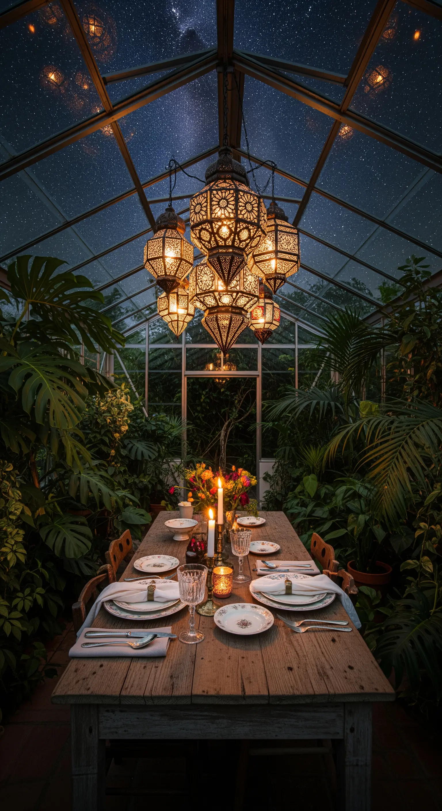 Gewächshaus-Dinner unter Sternenhimmel mit Laternen