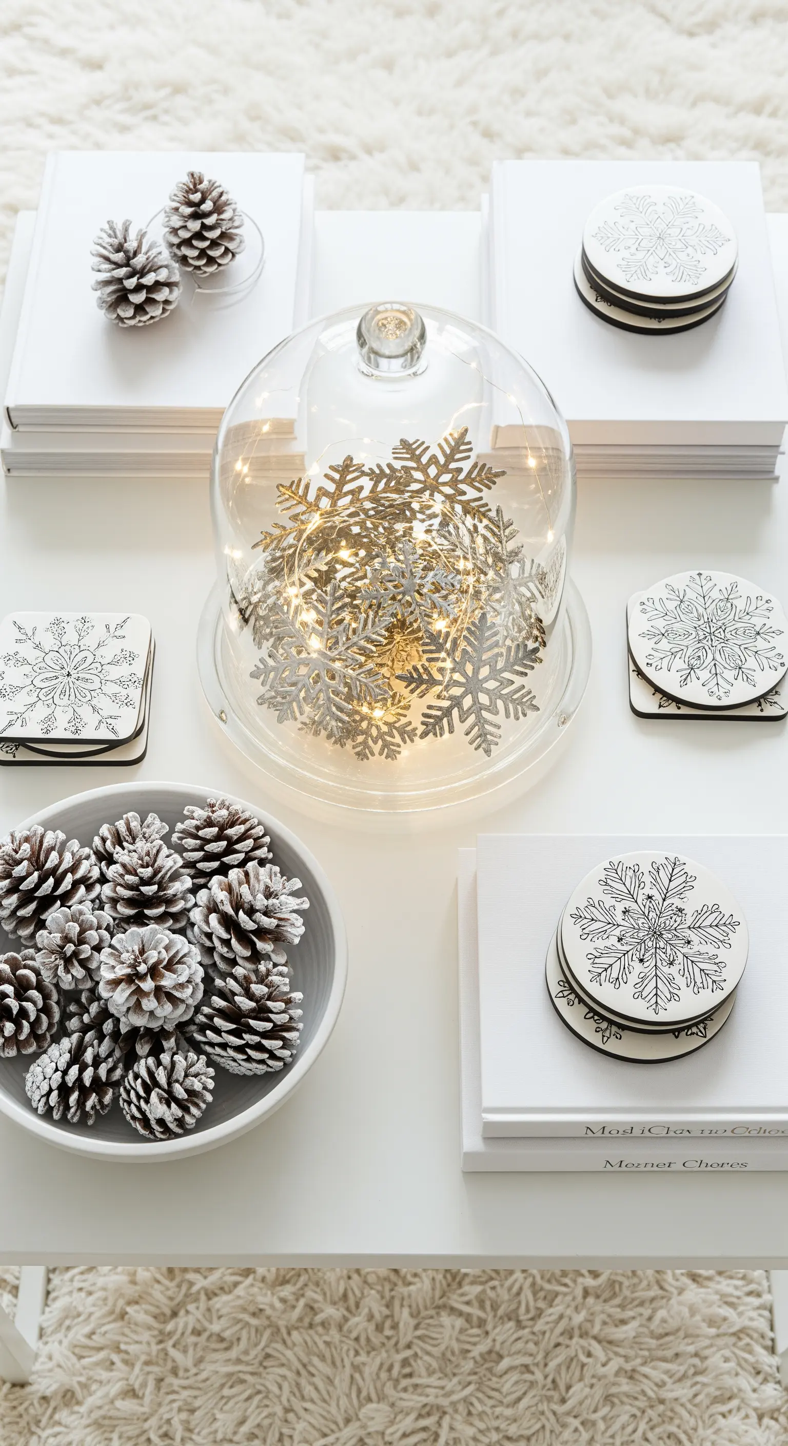 Glasglocke mit Lichtern und Schneeflocken auf dem Tisch