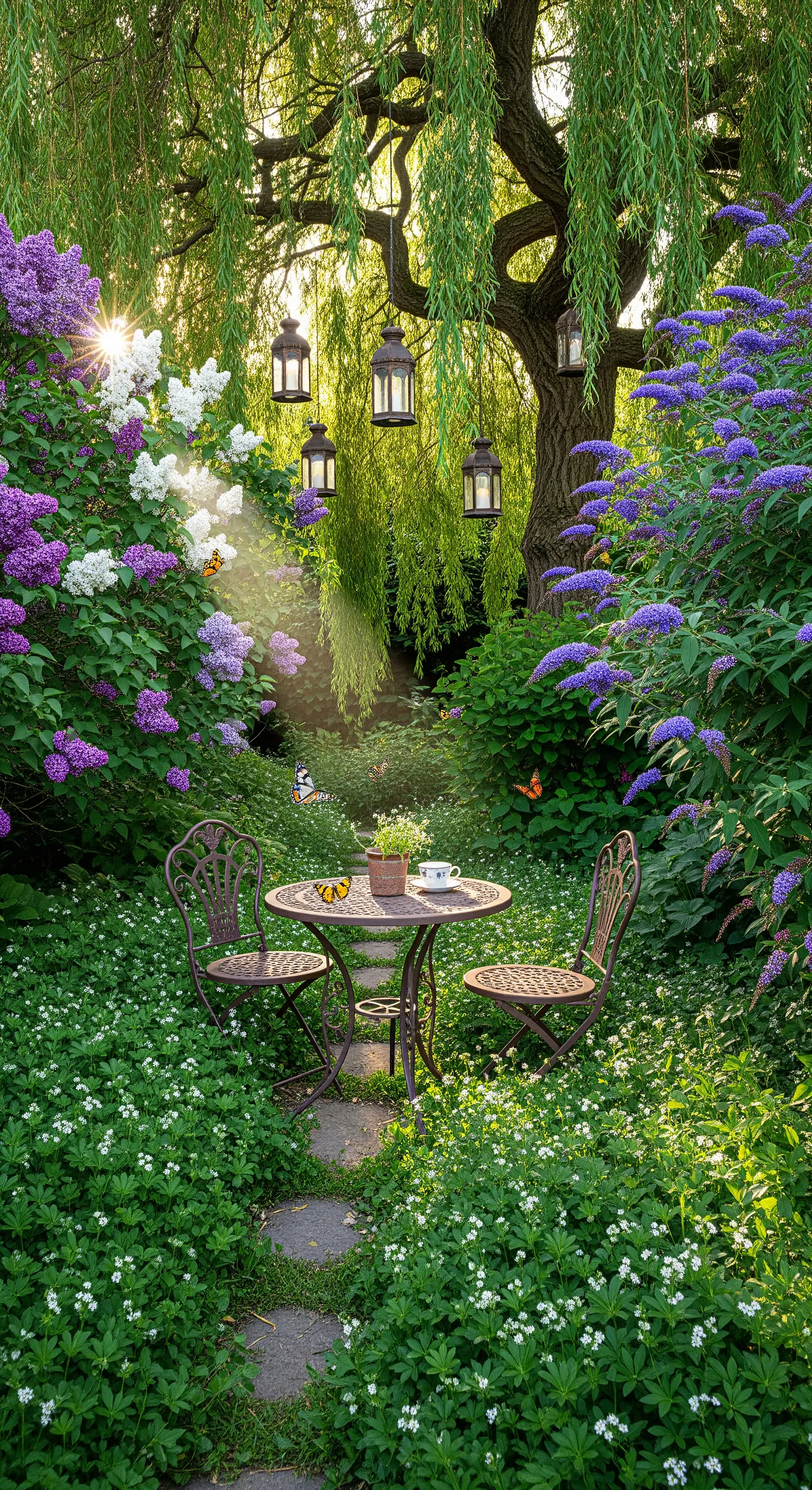 Sitzplatz unter Weidenbaum mit hängenden Laternen und Flieder