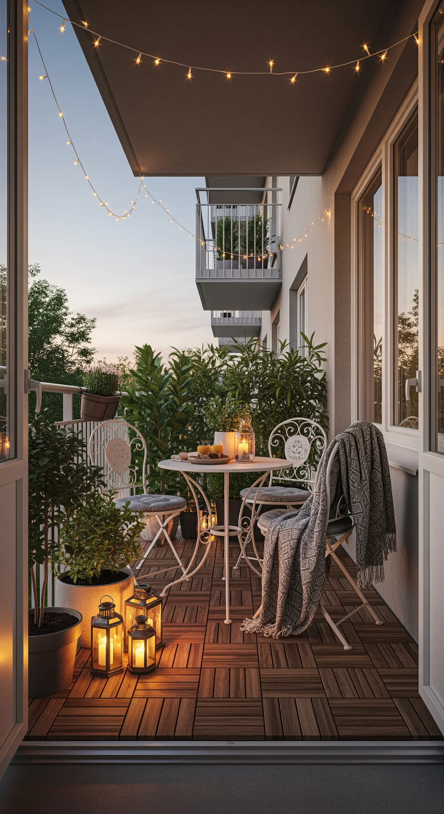 Balkon bei Dämmerung mit Lichterketten und Pflanzen