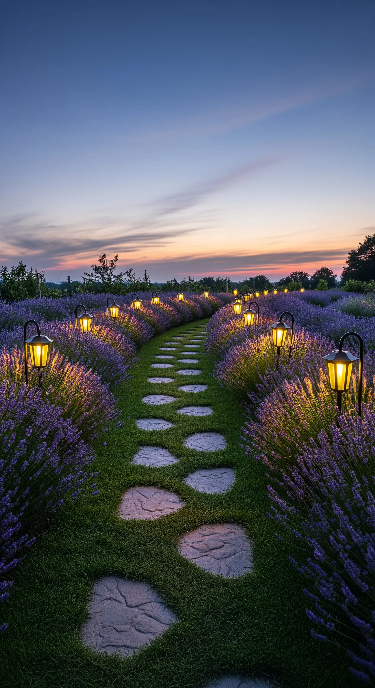 Beleuchteter Gartenweg mit Laternen zwischen Lavendelreihen bei Dämmerung
