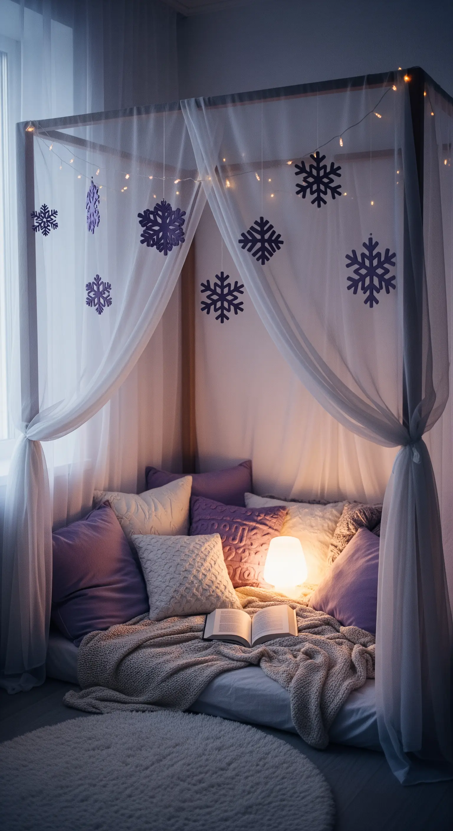 Himmelbett-Nische mit Tüllvorhängen und violettem Stimmungslicht