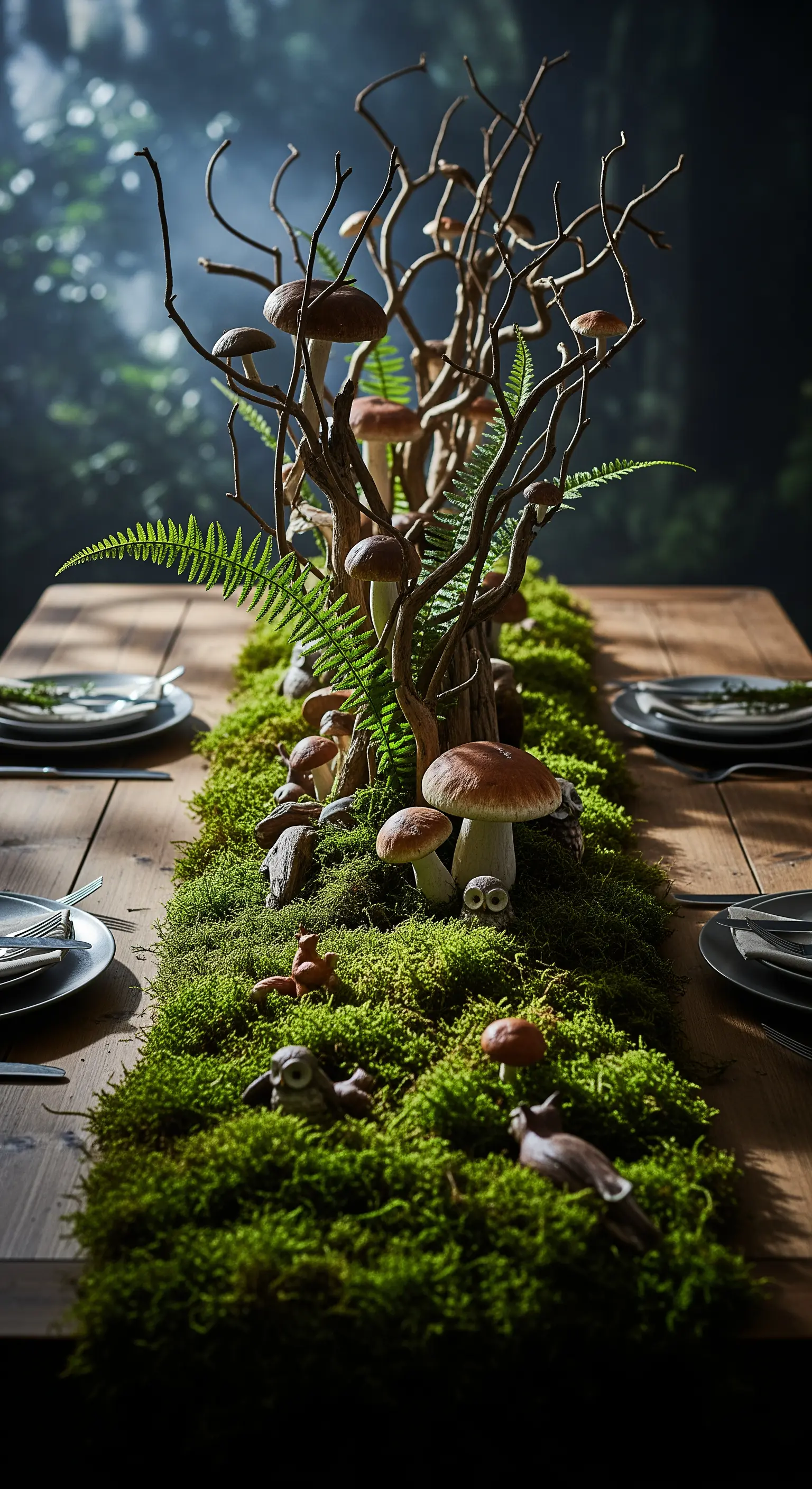 Moos-Tischläufer mit Pilzen, Farnen und kleinen Waldtieren