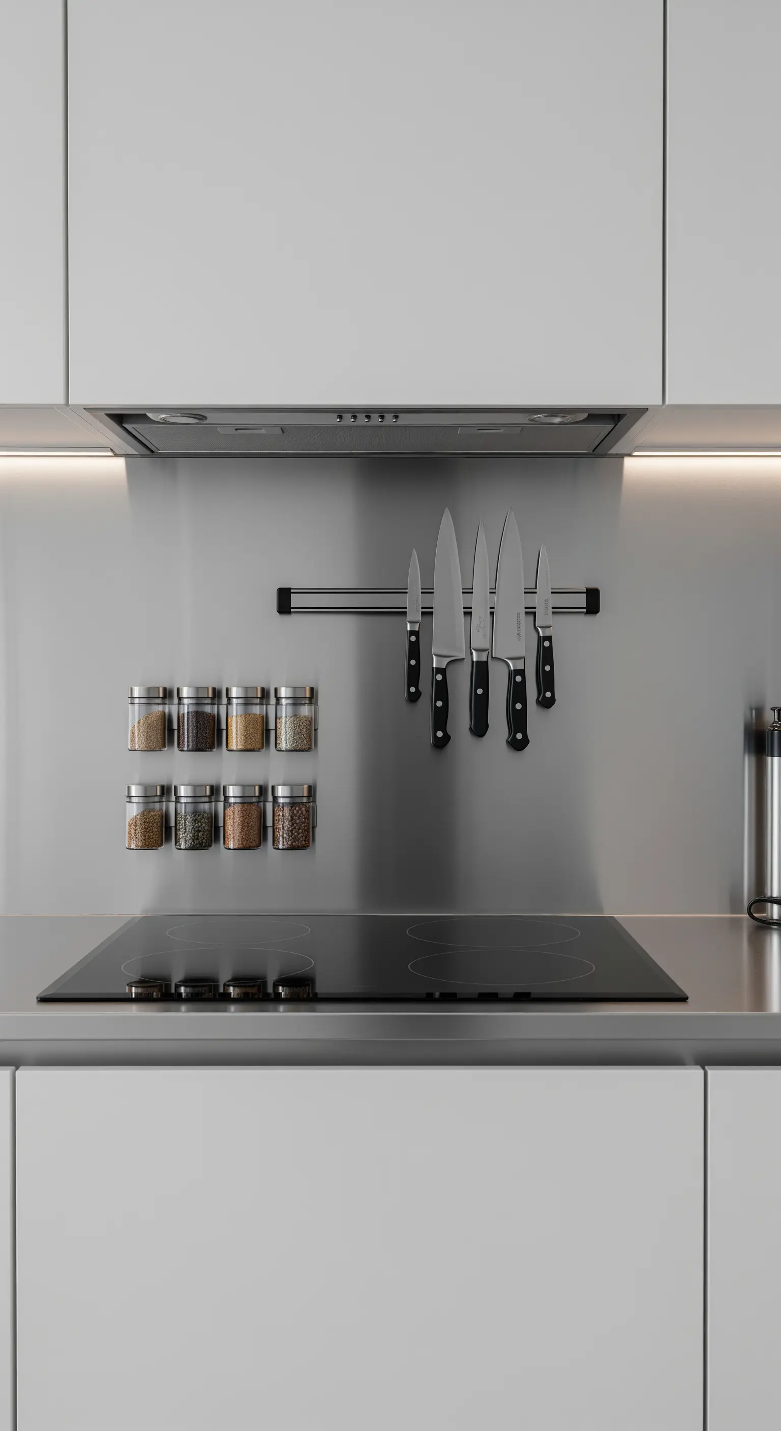 Magnetleiste mit Messern und Gewürzdosen an Edelstahlwand
