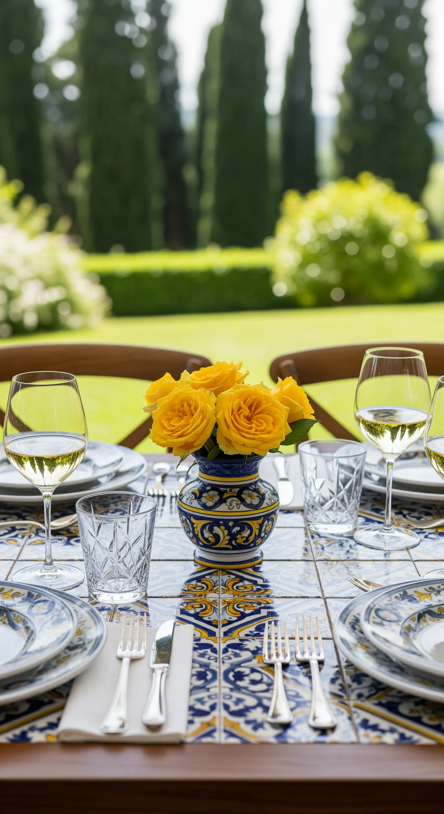 Tischdeko mit blauen Kacheln und gelben Rosensträußen