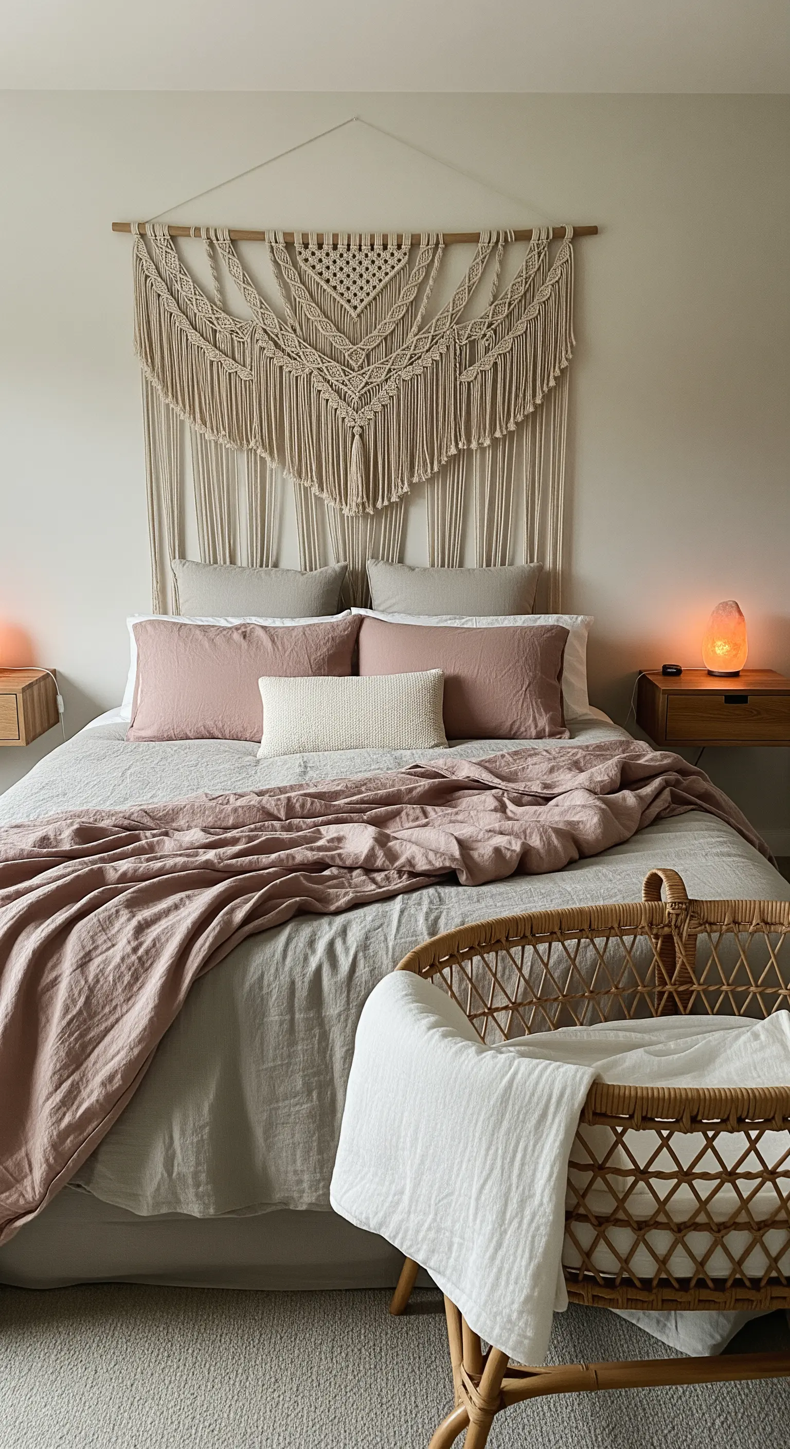 Schlafzimmer mit großem Makramee über dem Bett und Babywiege