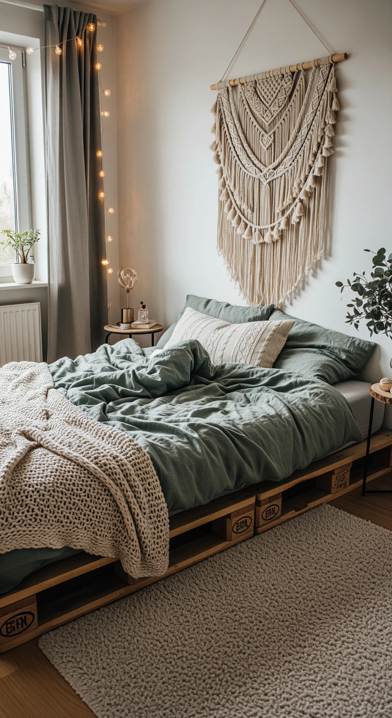 Schlafzimmer mit großem Makramee über dem Bett
