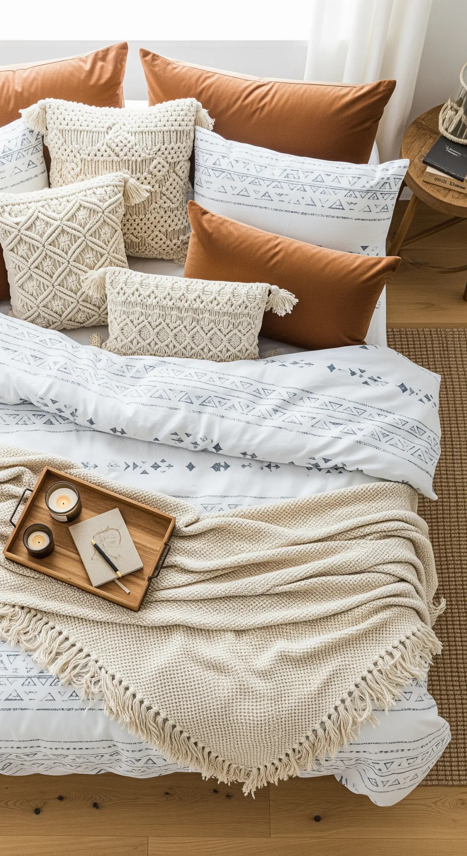 Makramee Kissen Arrangement im Bett