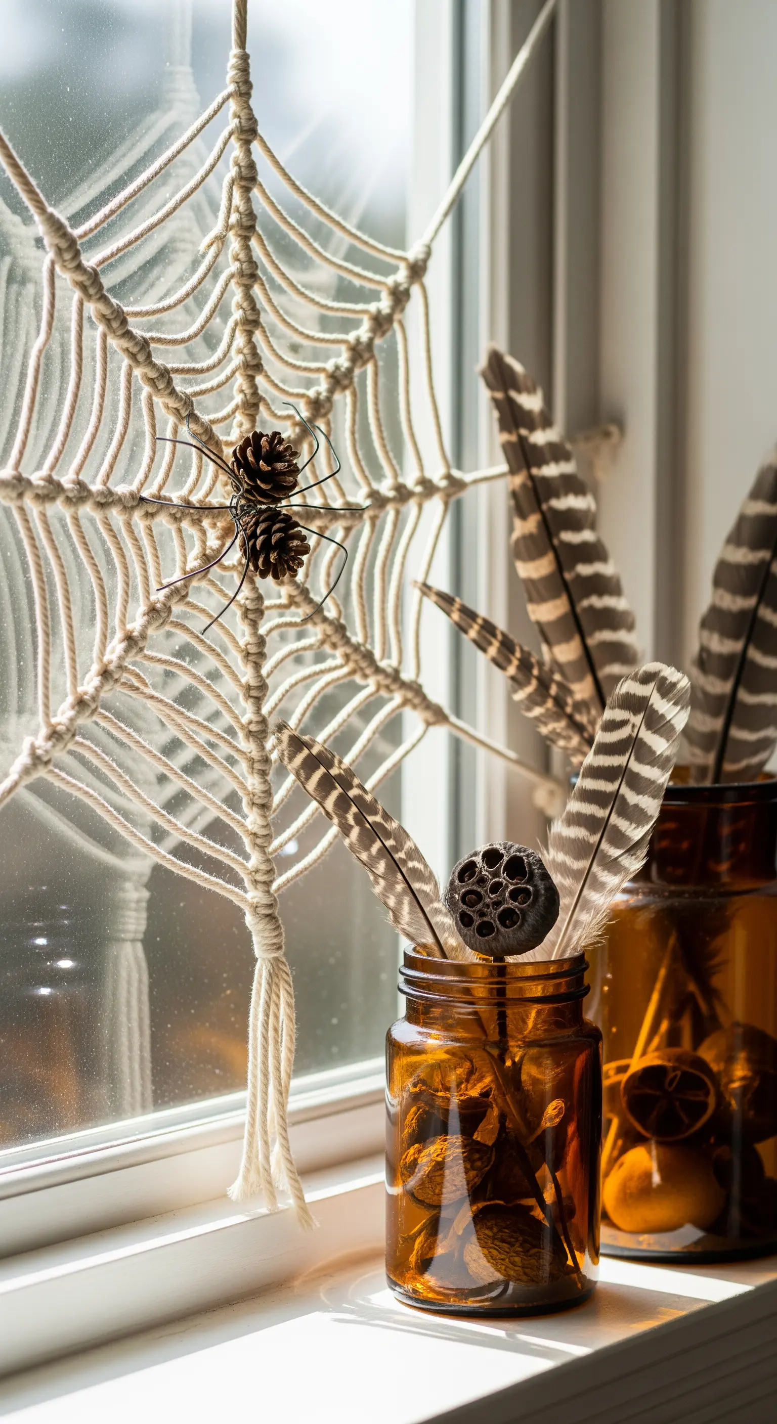 Geknüpftes Makramee-Spinnennetz im Fensterrahmen