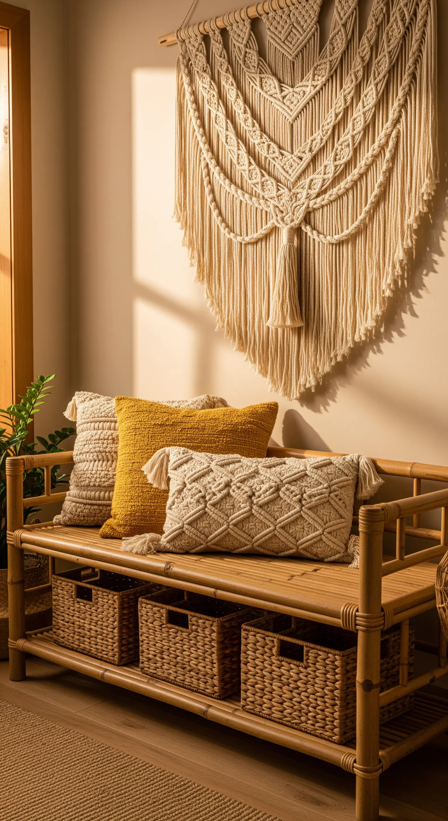 Großes Makramee über Bambusbank mit Textilkissen