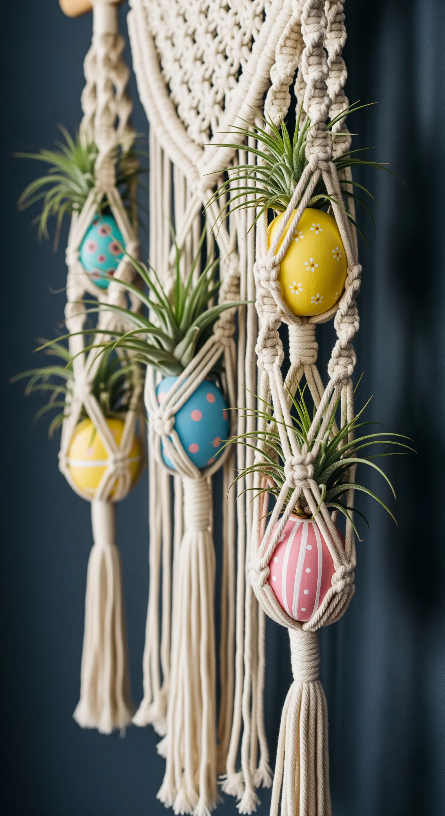 Makramee-Wandbehang mit bunten Eiern und Luftpflanzen