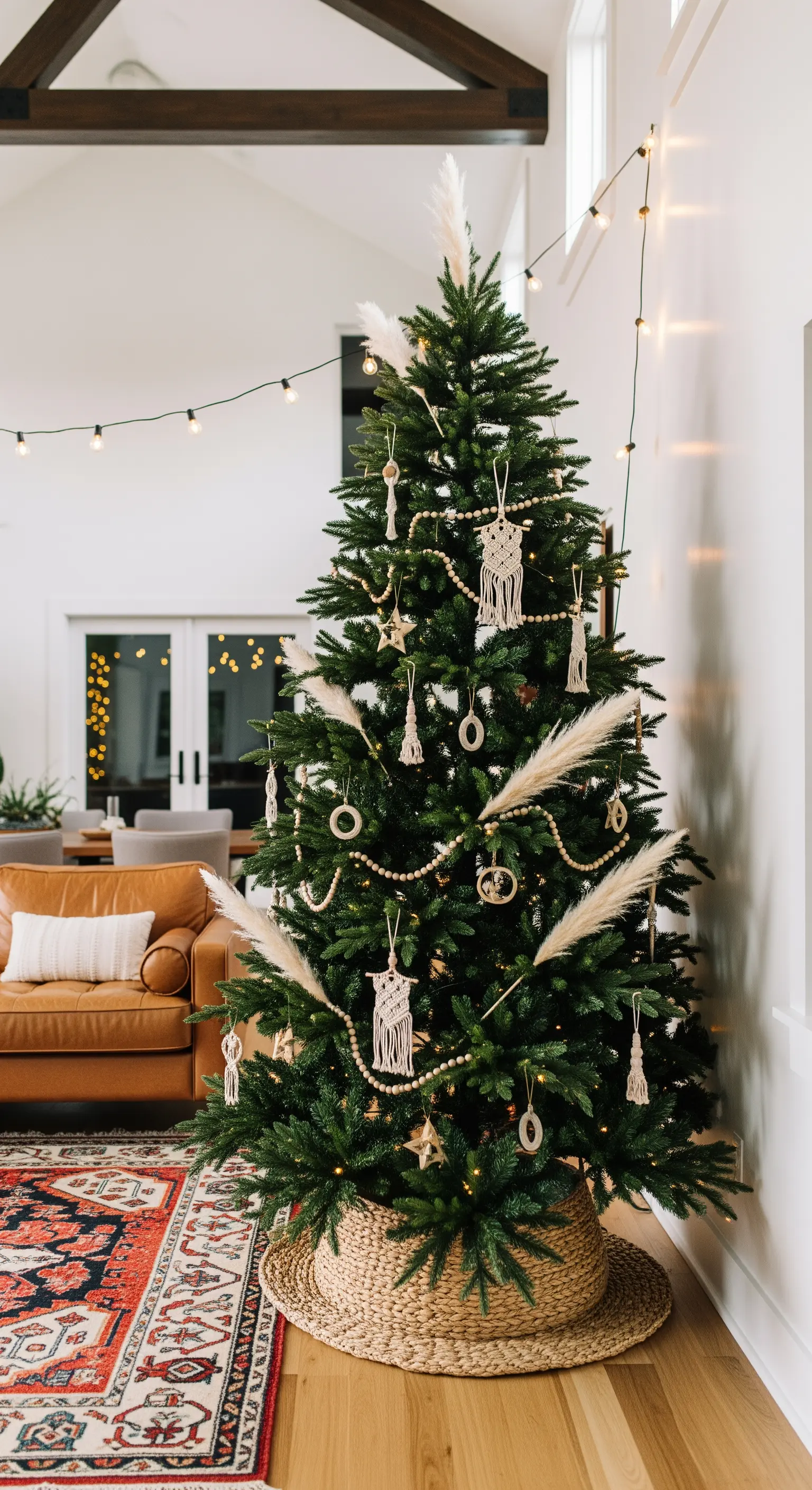 Grüner Weihnachtsbaum geschmückt mit Makramee-Anhängern und Holzperlen