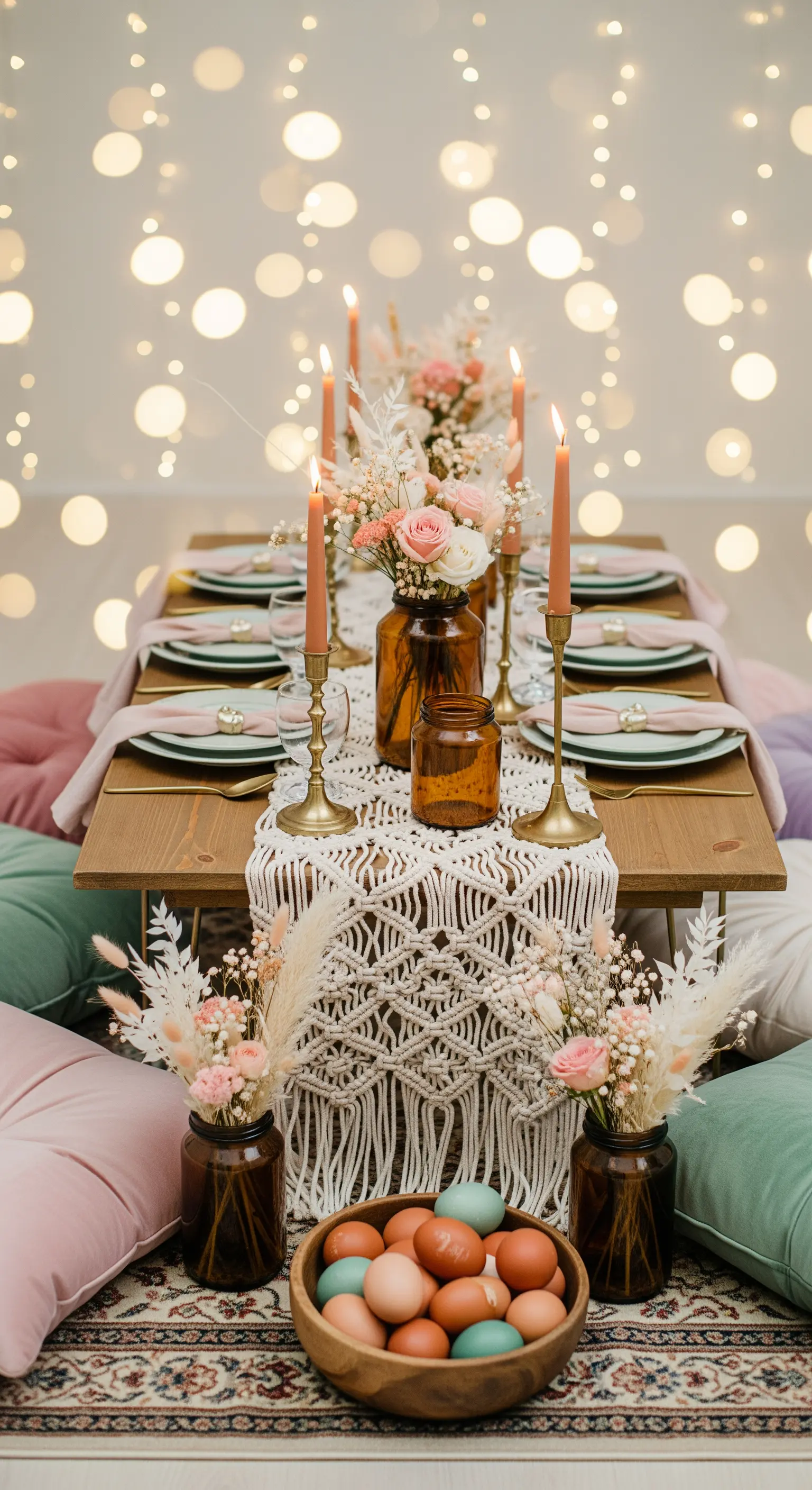 Makramee-Tischläufer mit bernsteinfarbenen Gläsern