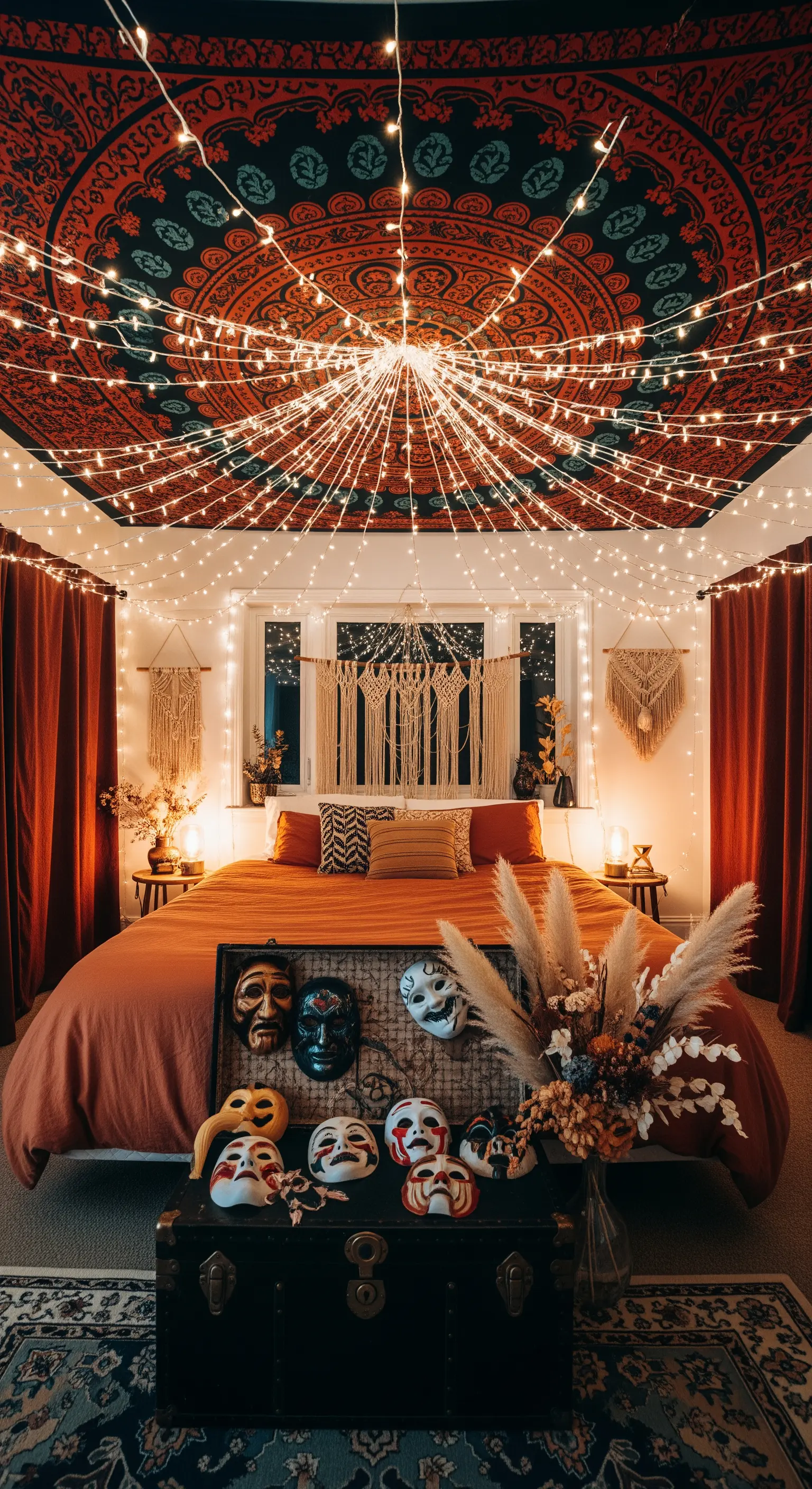 Schlafzimmer mit Decken-Mandala und Lichterketten