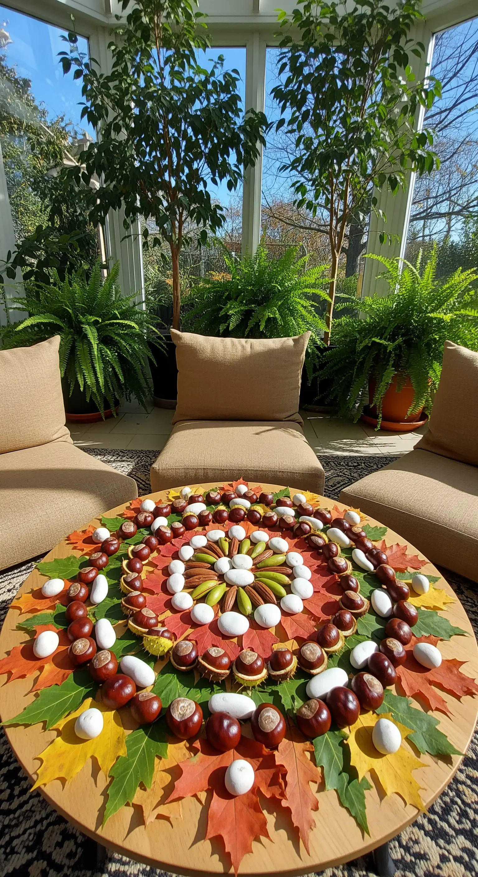 Runder Tisch mit Mandala aus Blättern und Kastanien