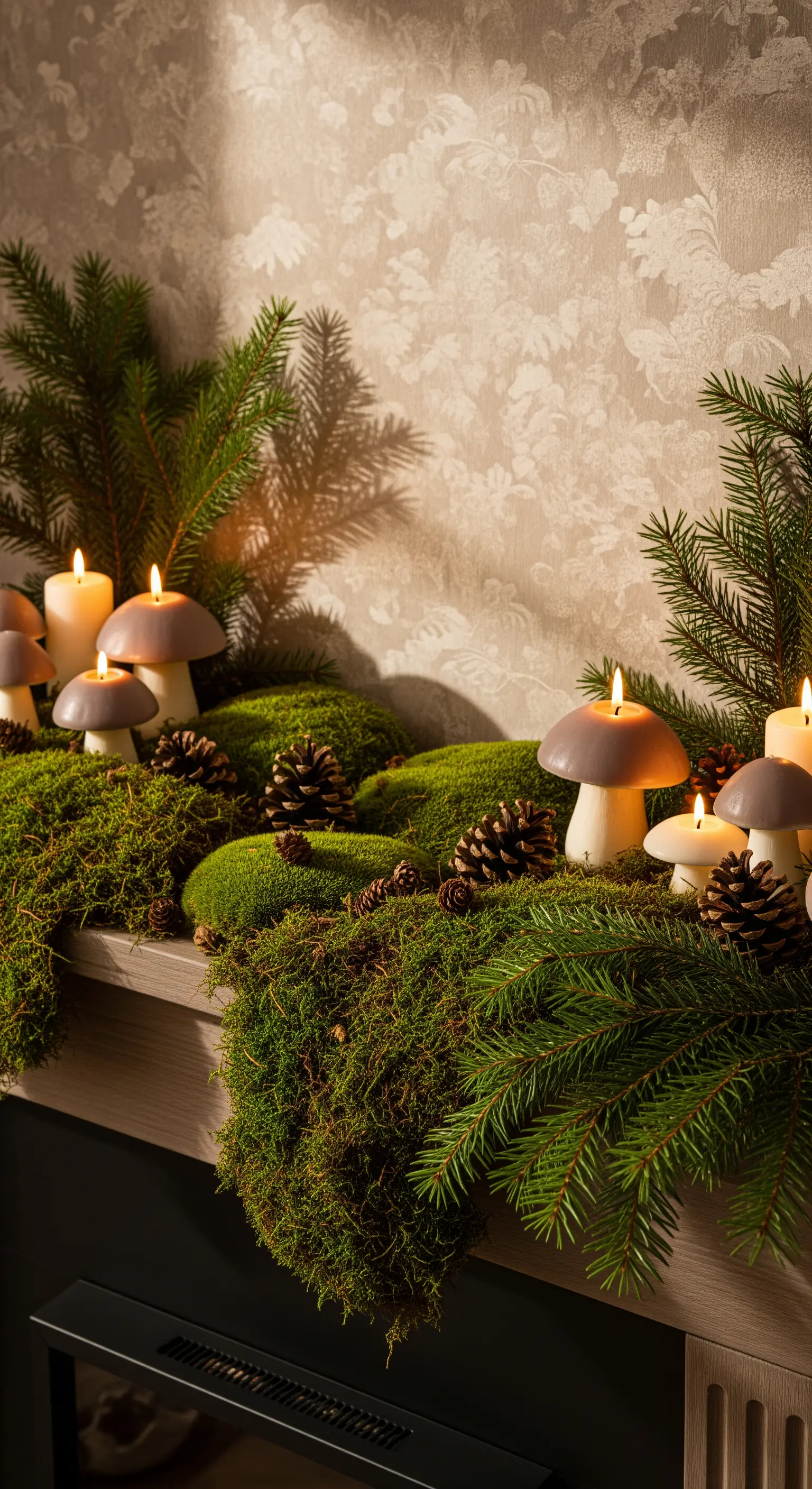 Pilzkerzen und Moos auf Kaminsims