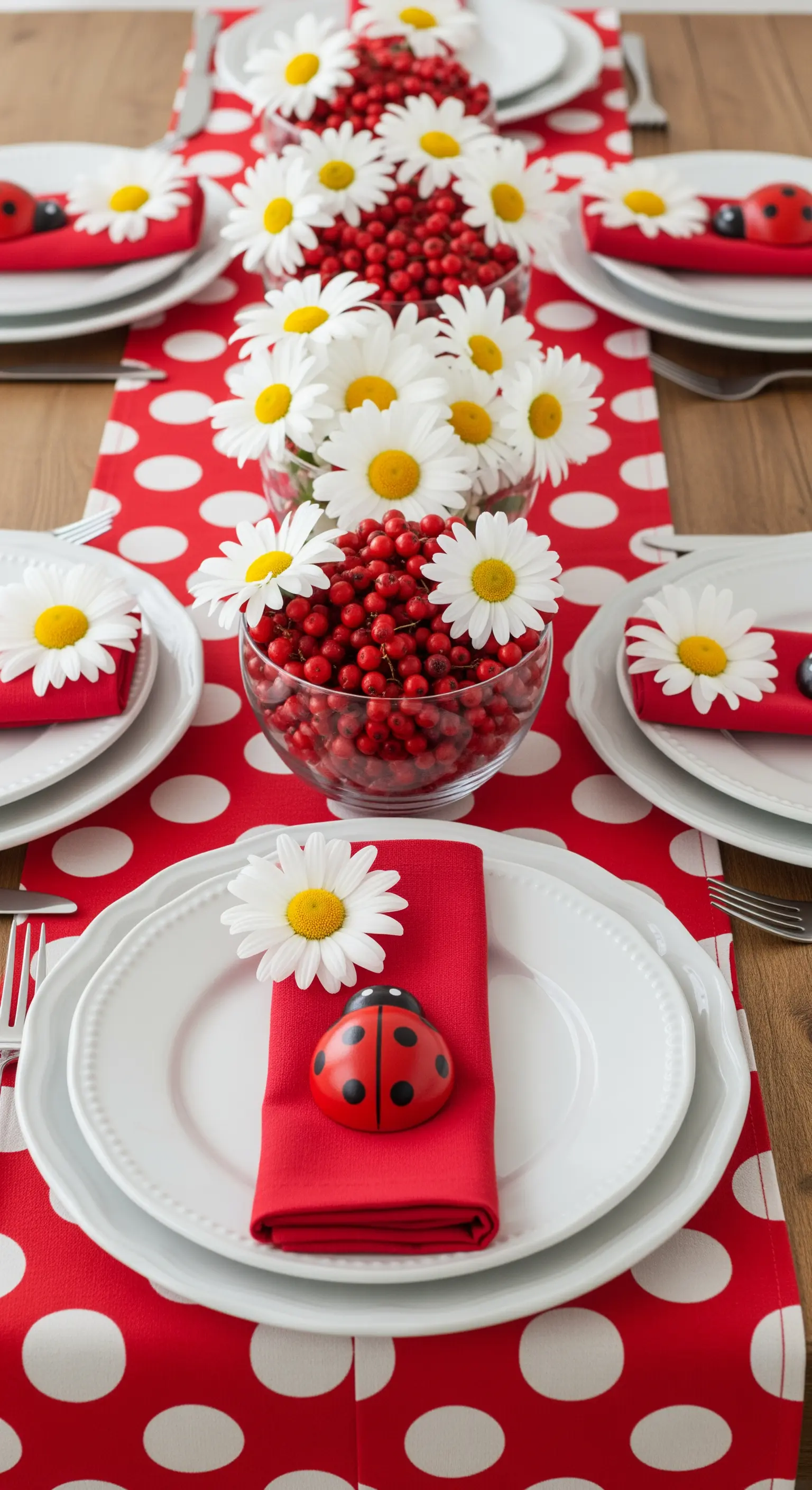 Tischdeko in Rot-Weiß mit Punkten, Marienkäfer-Figuren und Margeritenblüten