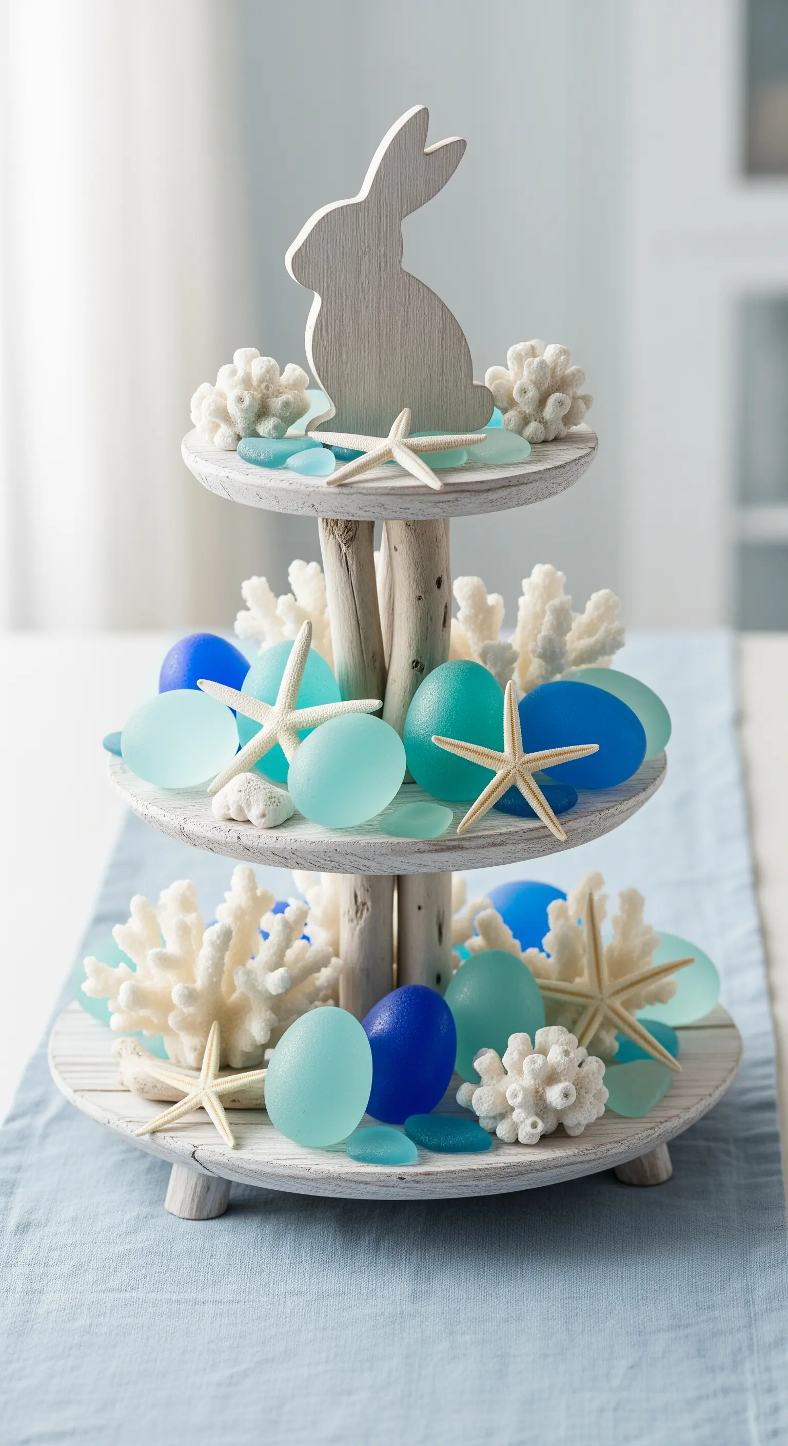 Treibholz-Etagere mit blauen Glas-Eiern und Korallen