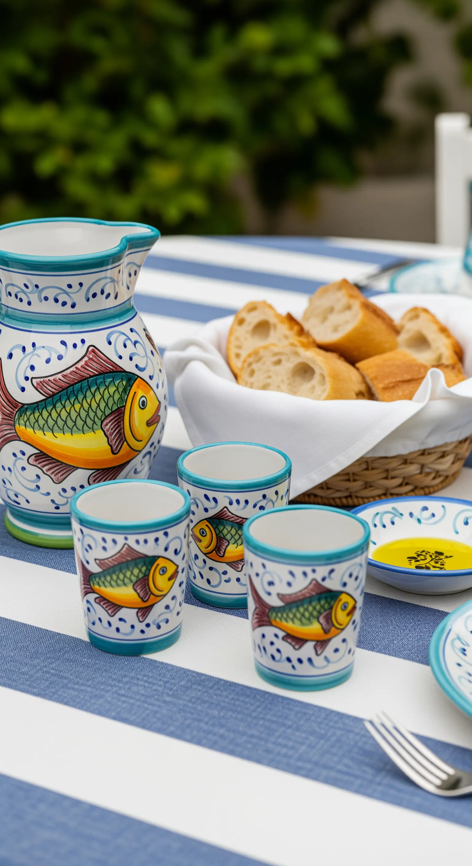 Tisch mit Fischkrug und blau-weiß gestreifter Decke