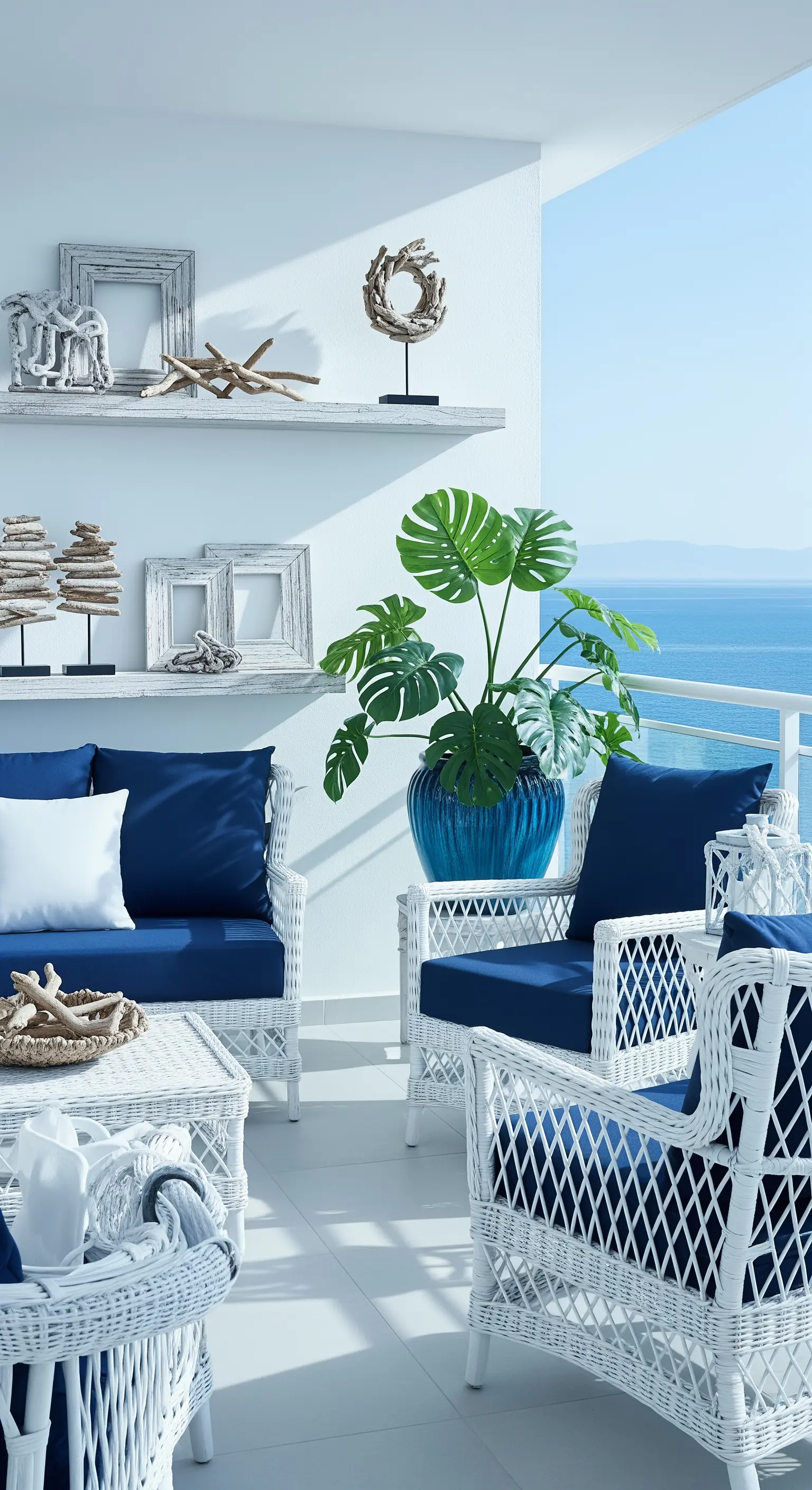 Weiße Korbmöbel mit dunkelblauen Kissen vor Meerblick-Hintergrund