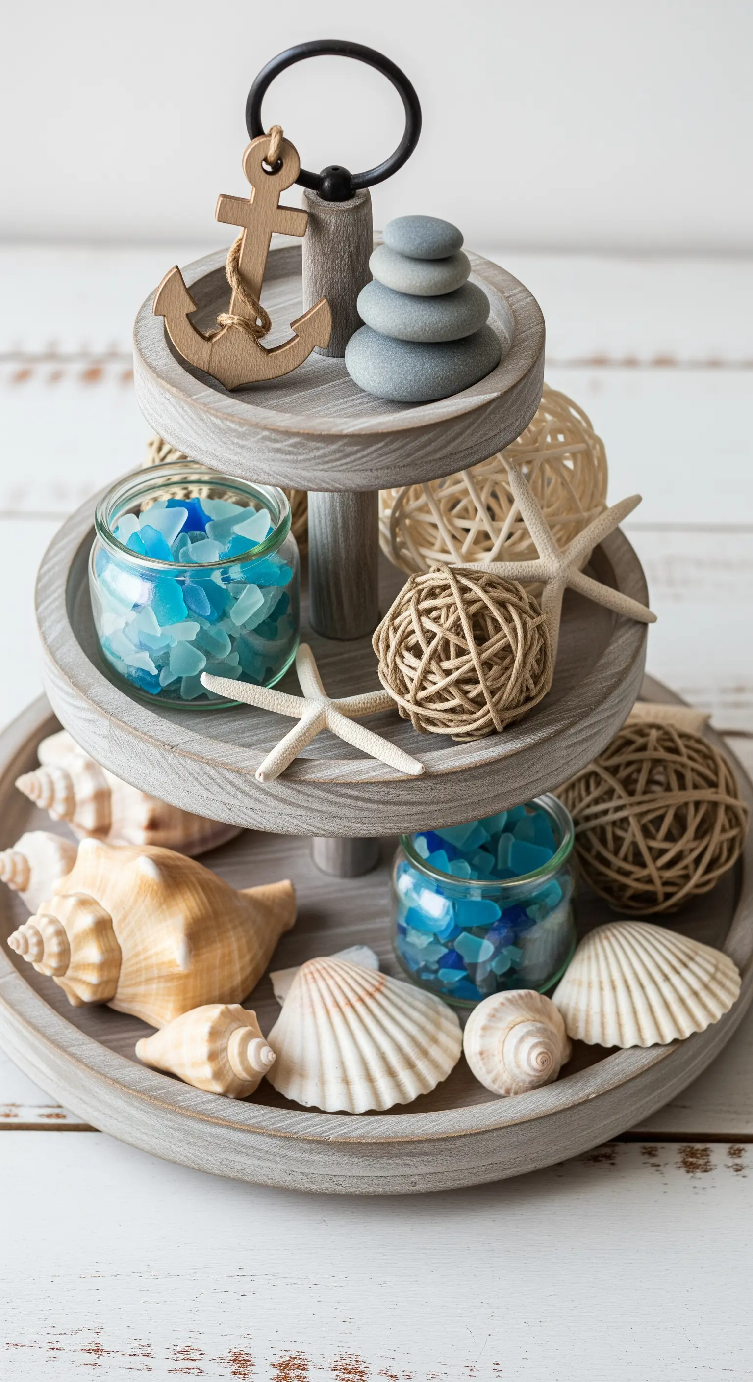 Graue Holzetagere mit Muscheln, Meerglas im Glas und Holzanker