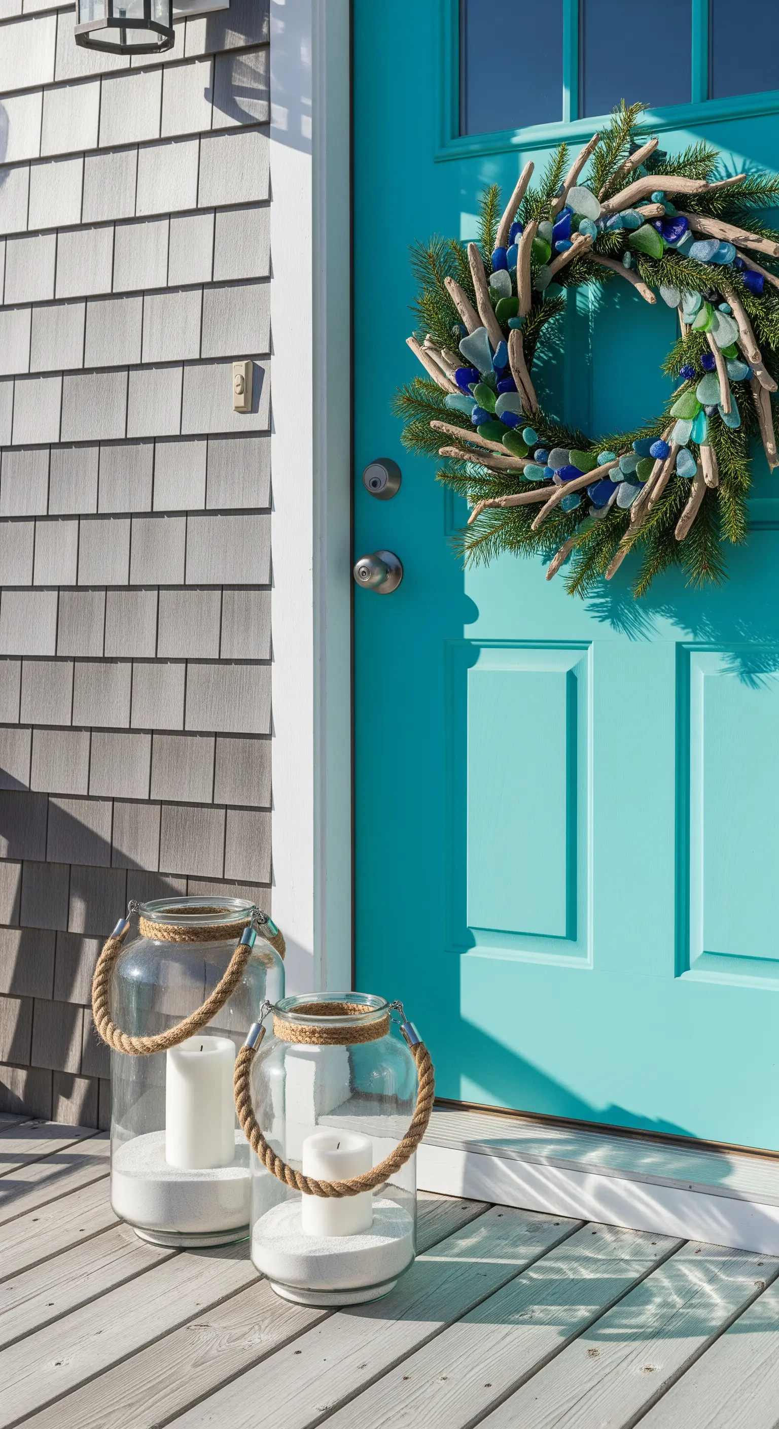 Türkise Tür mit Treibholzkranz und Meerglas