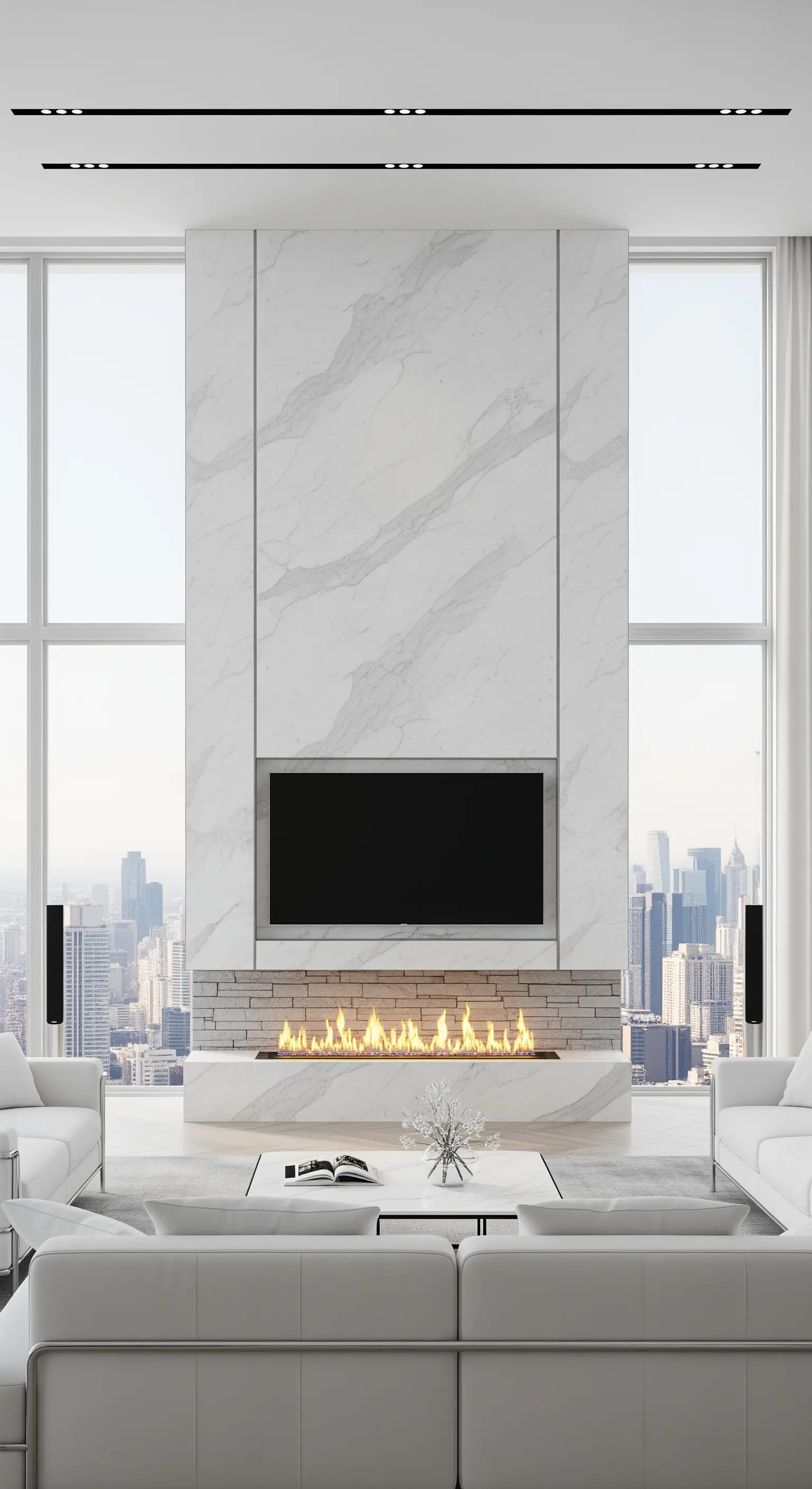 Marmor-Kaminwand mit integriertem Fernseher