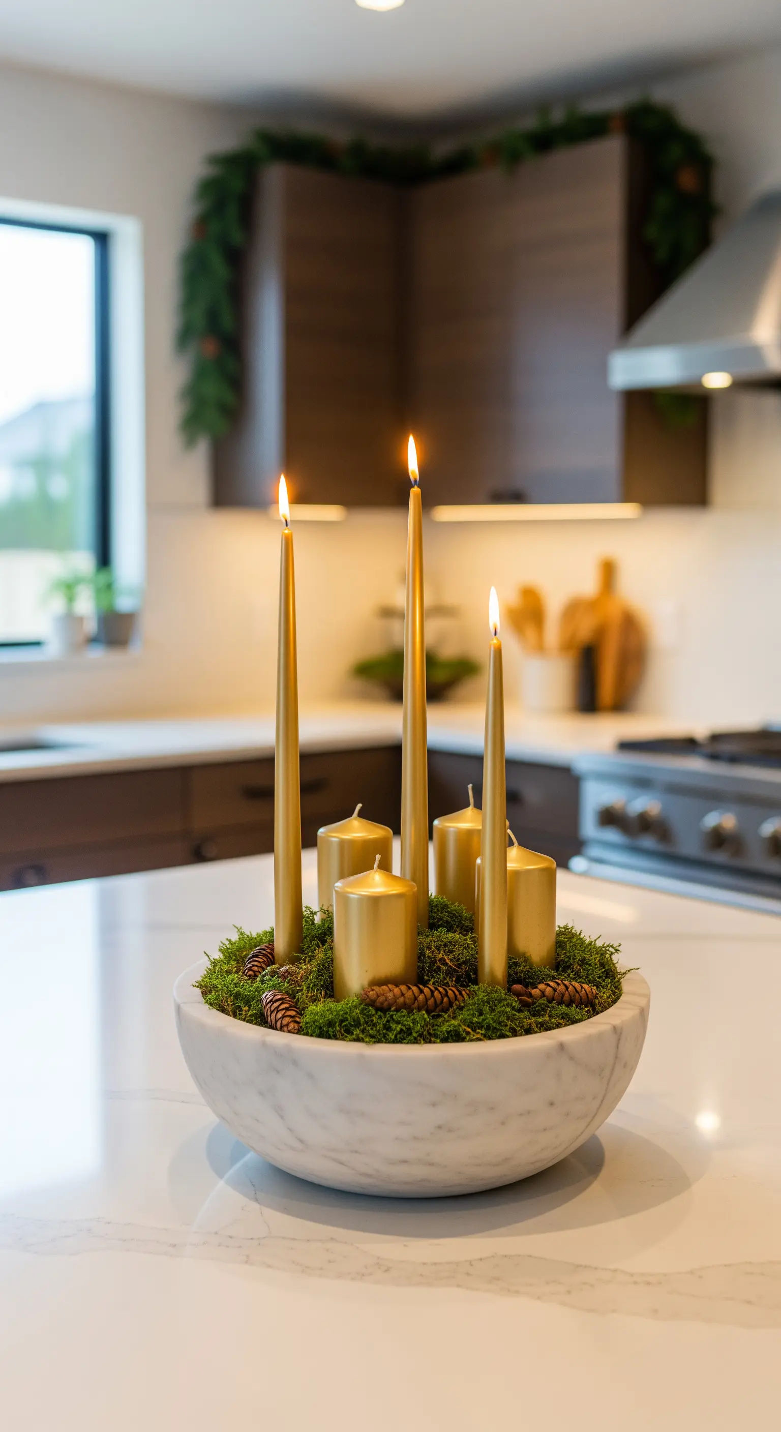 Weiße Marmorschale mit Moos gefüllt und vier hohen goldenen Stabkerzen