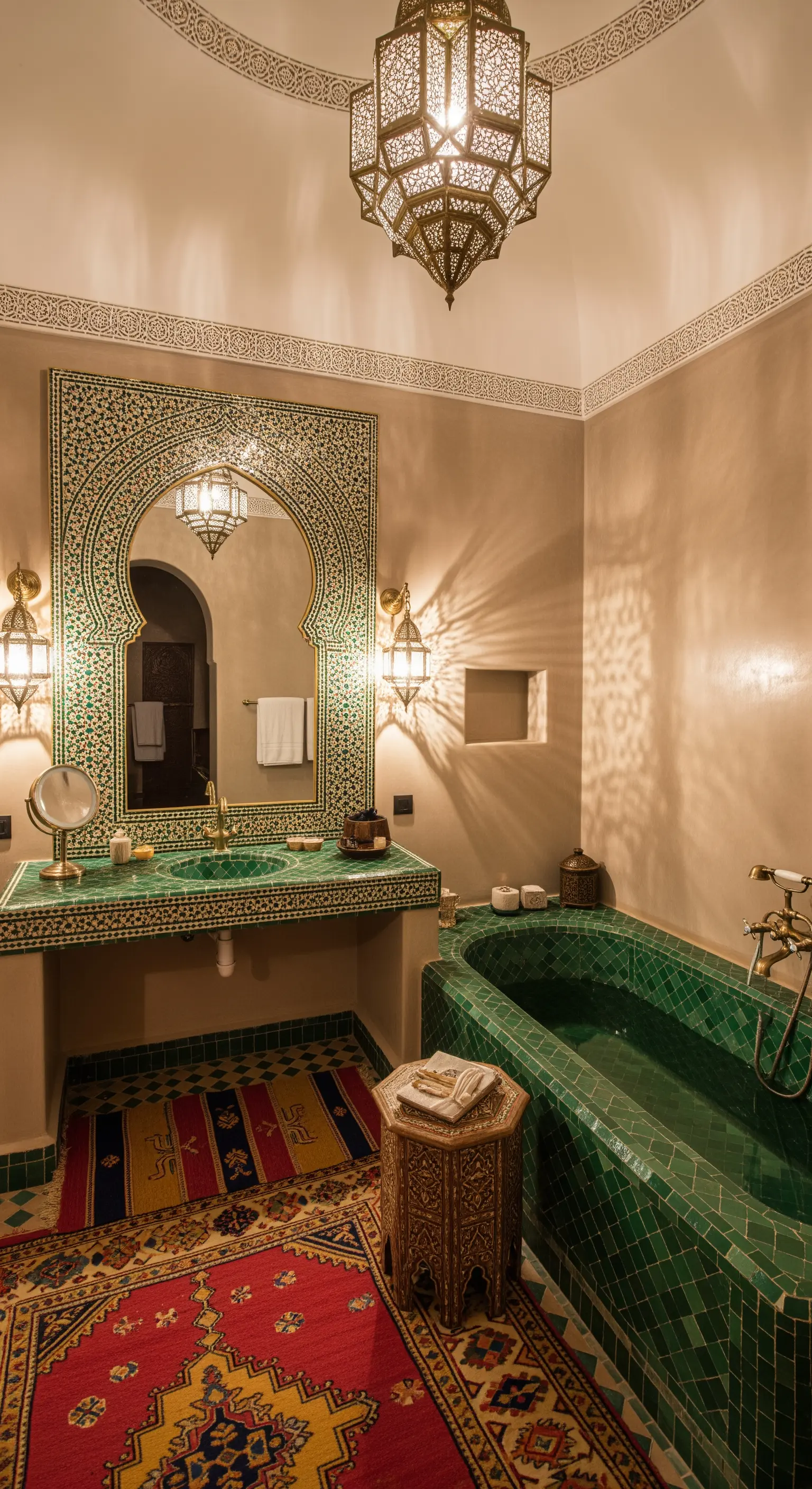 Marokkanisches Bad mit grünen Fliesen, Mosaikspiegel und versenkter Wanne