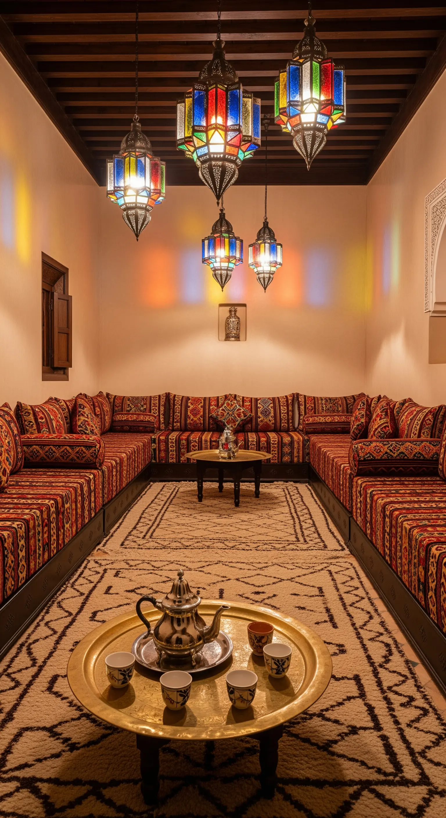 Orientalisches Zimmer mit bunten Hängelampen und niedrigen Sofas