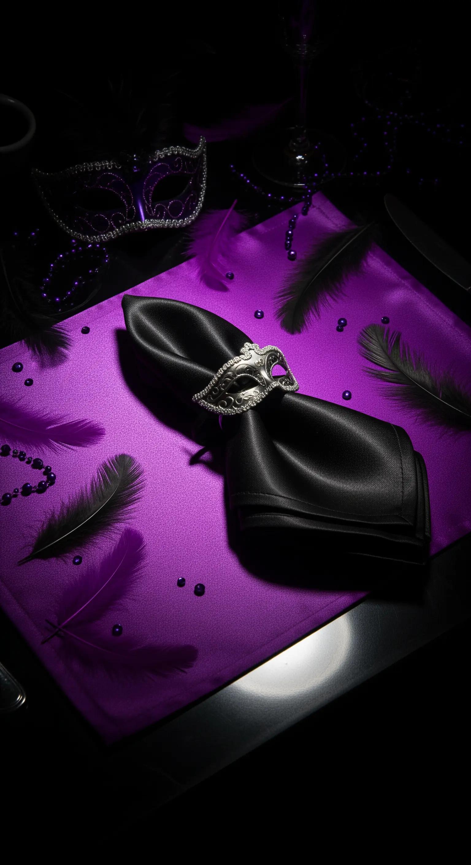Lila Satin mit Masken-Serviettenring und Federn