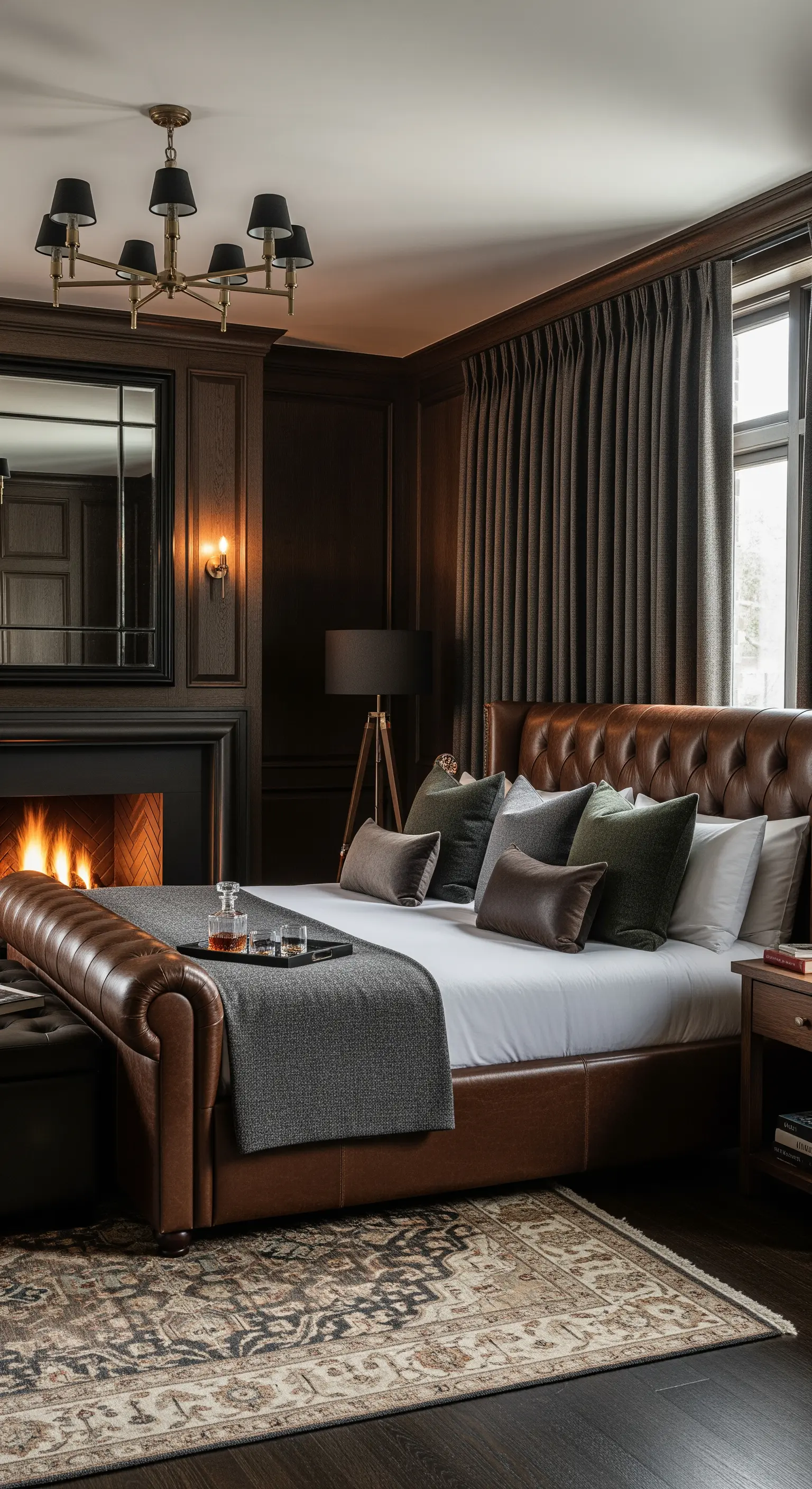 Dunkles Schlafzimmer mit Kamin und grauen Vorhängen