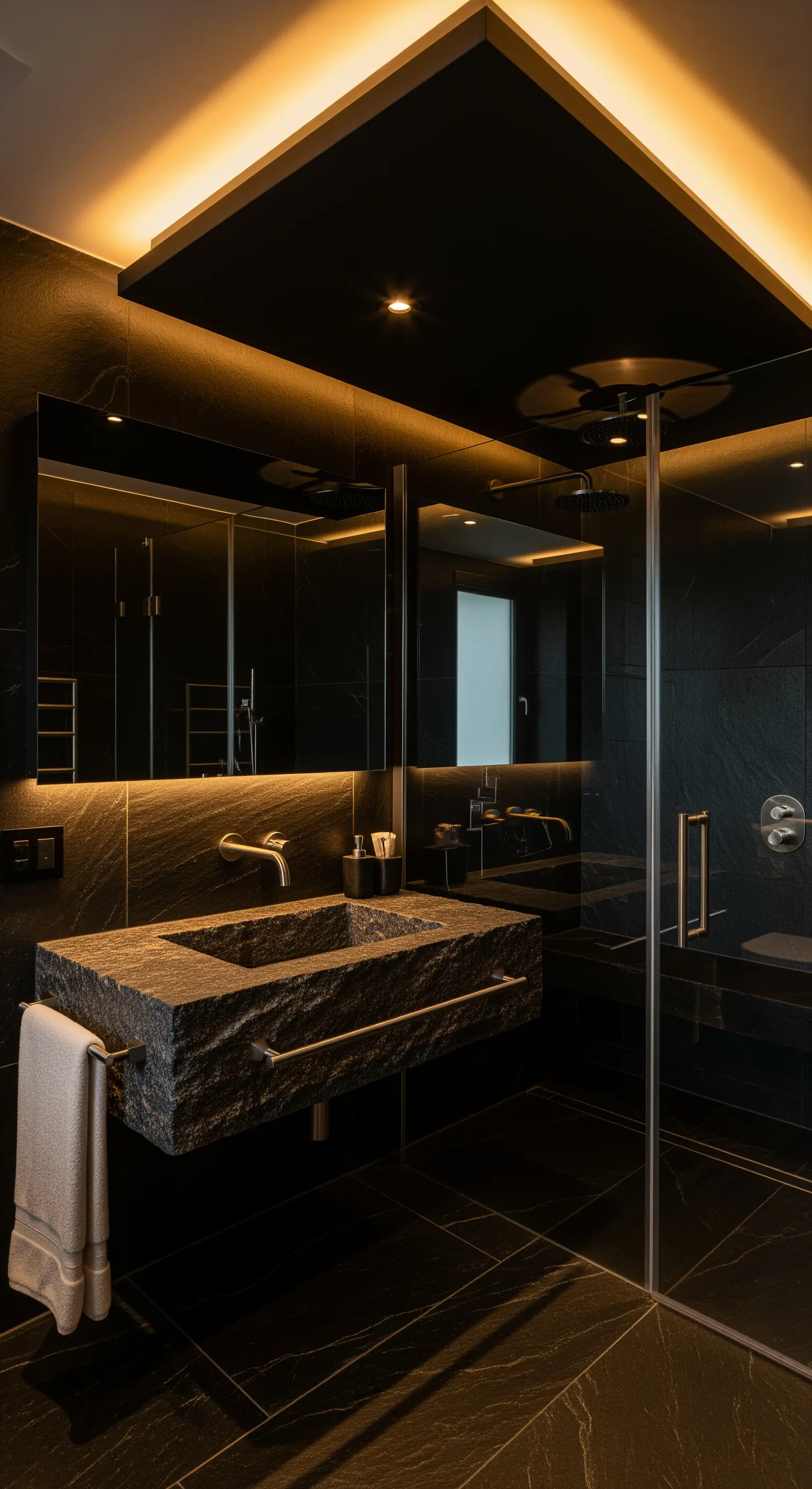 Dunkles Schieferbad mit hinterleuchtetem Spiegel und Waschtisch aus Stein