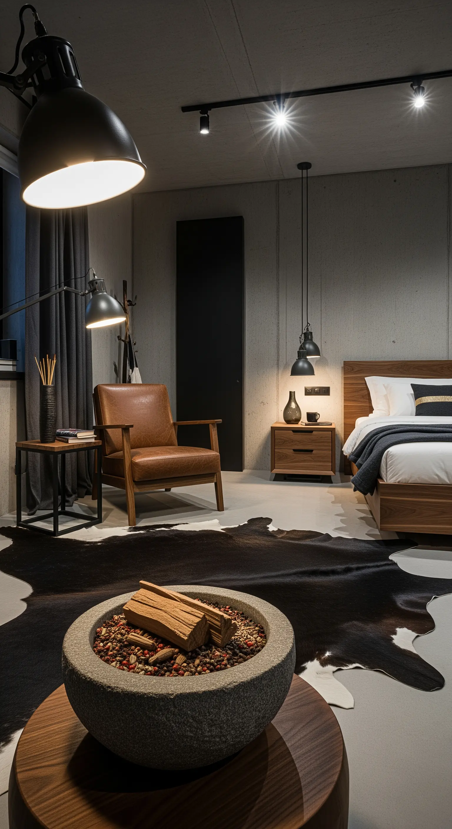 Beton-Schlafzimmer mit Ledersessel und Schale voller Gewürze