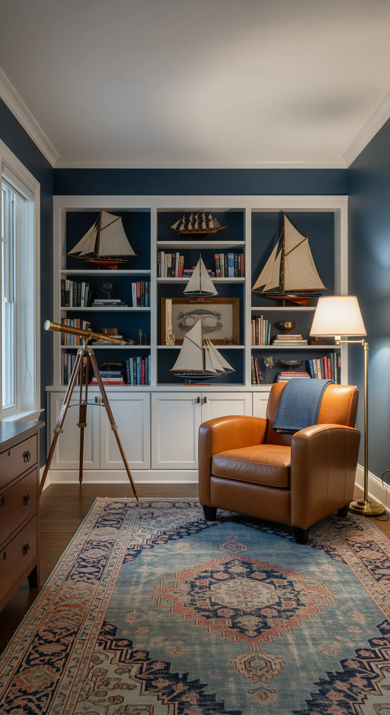 Dunkelblaues Arbeitszimmer mit Ledersessel und Schiffsmodellen