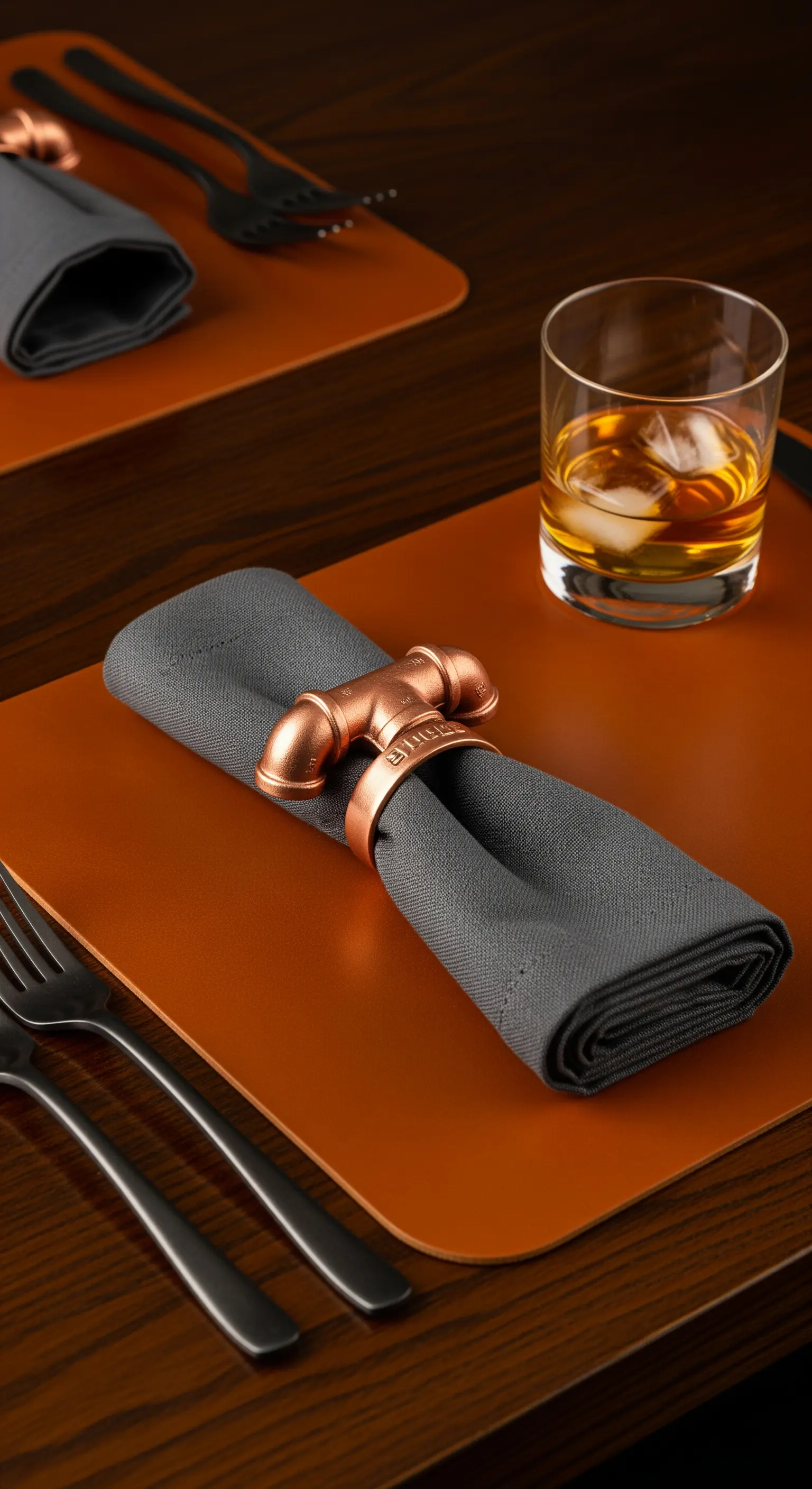 Braunes Leder-Platzset mit Kupfer-Rohrstück als Ring