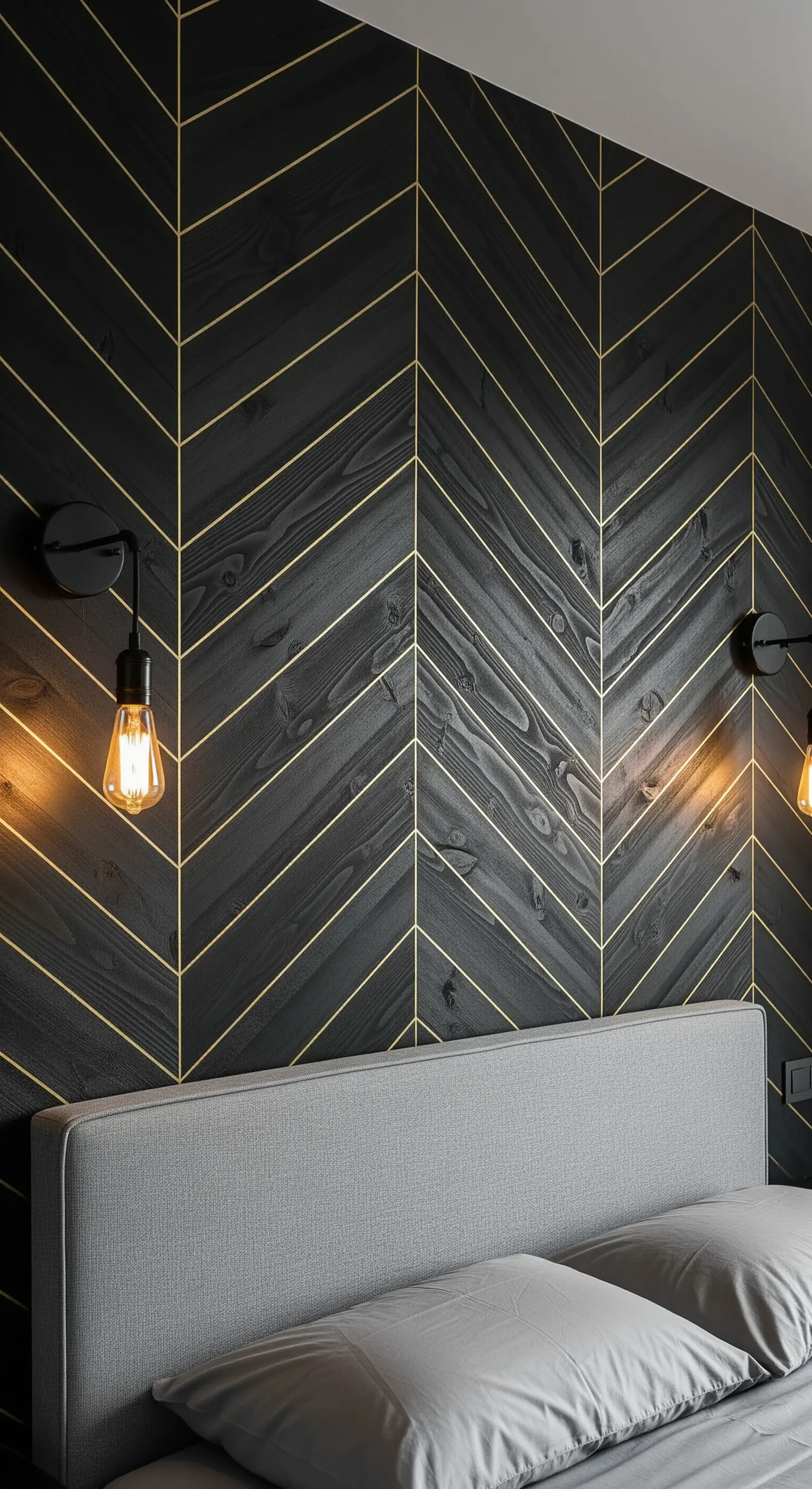 Schwarze Holzwand im Fischgrätmuster mit Goldfugen