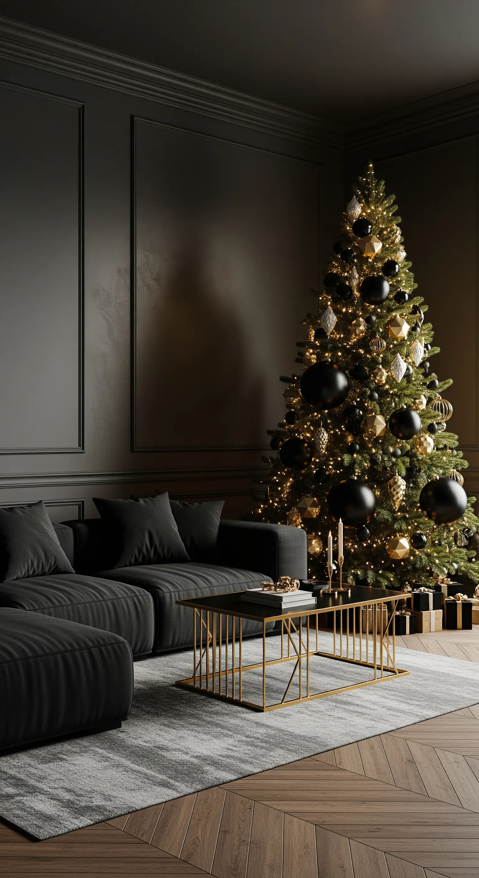 Schwarzer Weihnachtsbaum mit matten Kugeln vor dunkler Wand