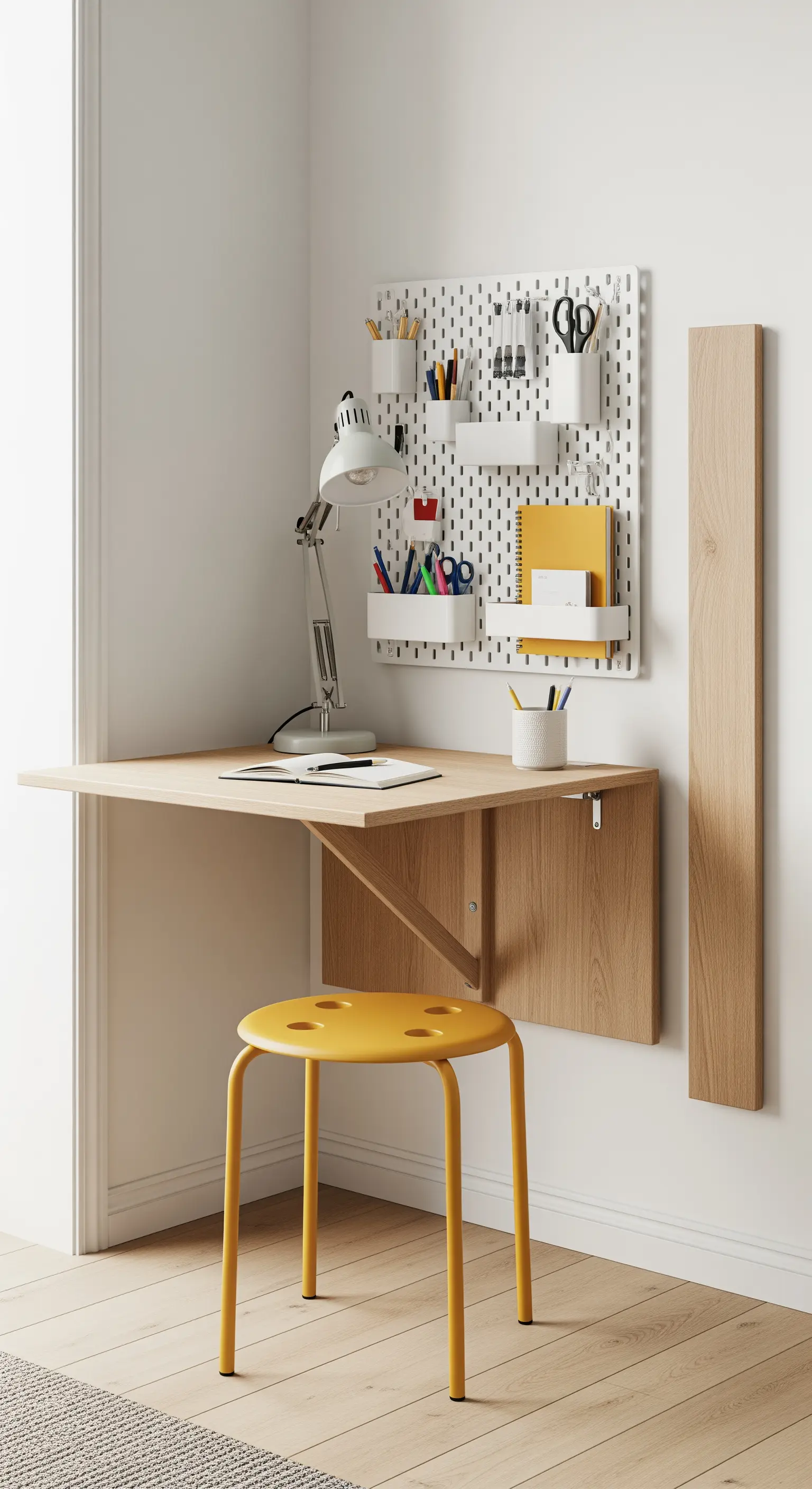 Klappschreibtisch mit weißem Pegboard und gelbem Hocker