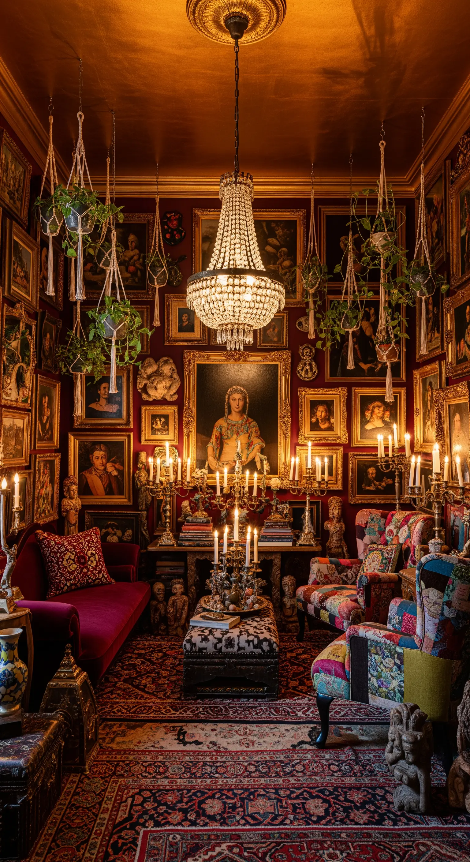 Üppig dekoriertes Zimmer mit Kristalllüster, Gemälden und Pflanzen