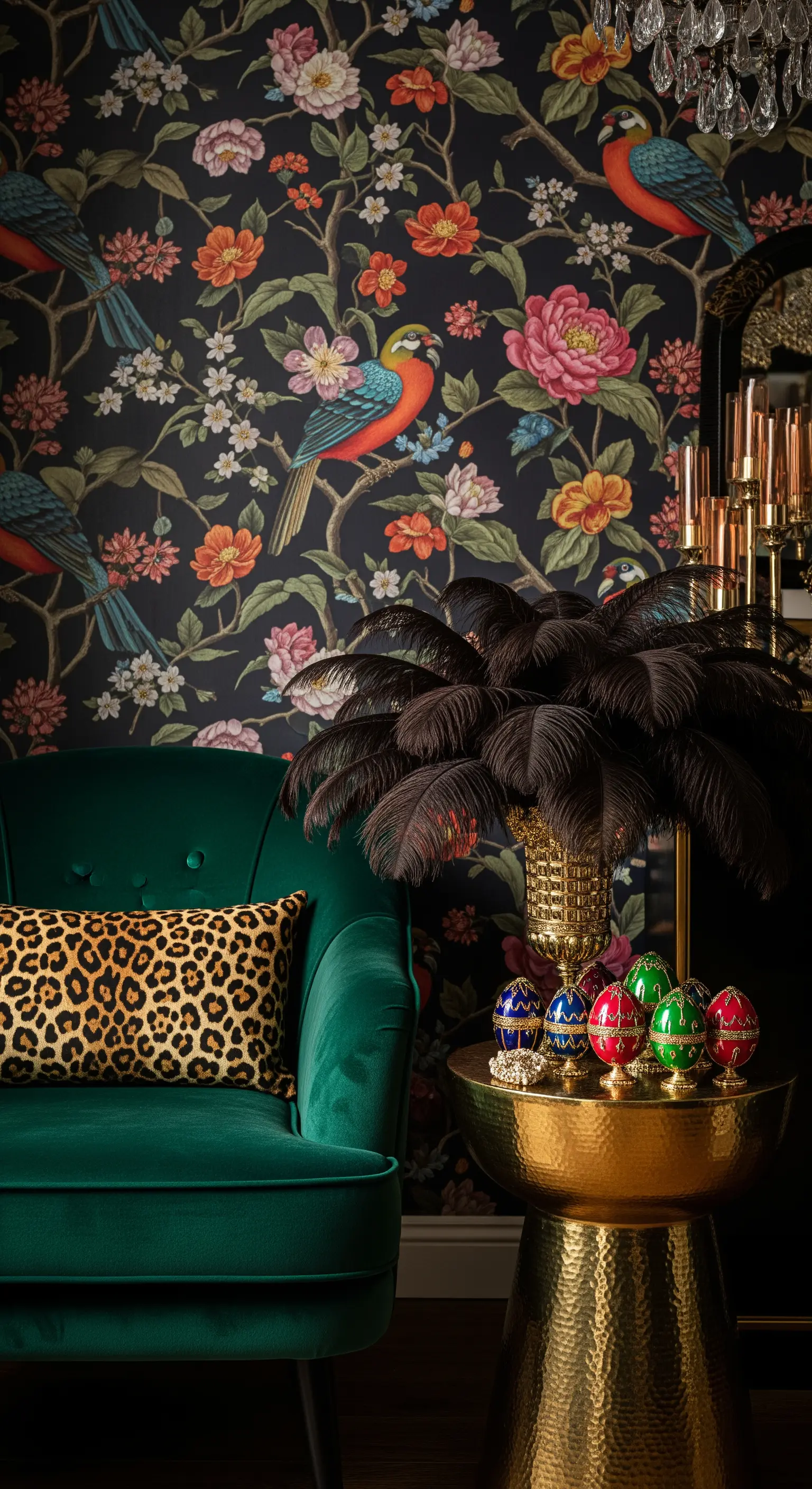 Grüner Samtsessel vor dunkler Tapete mit Straußenfedern