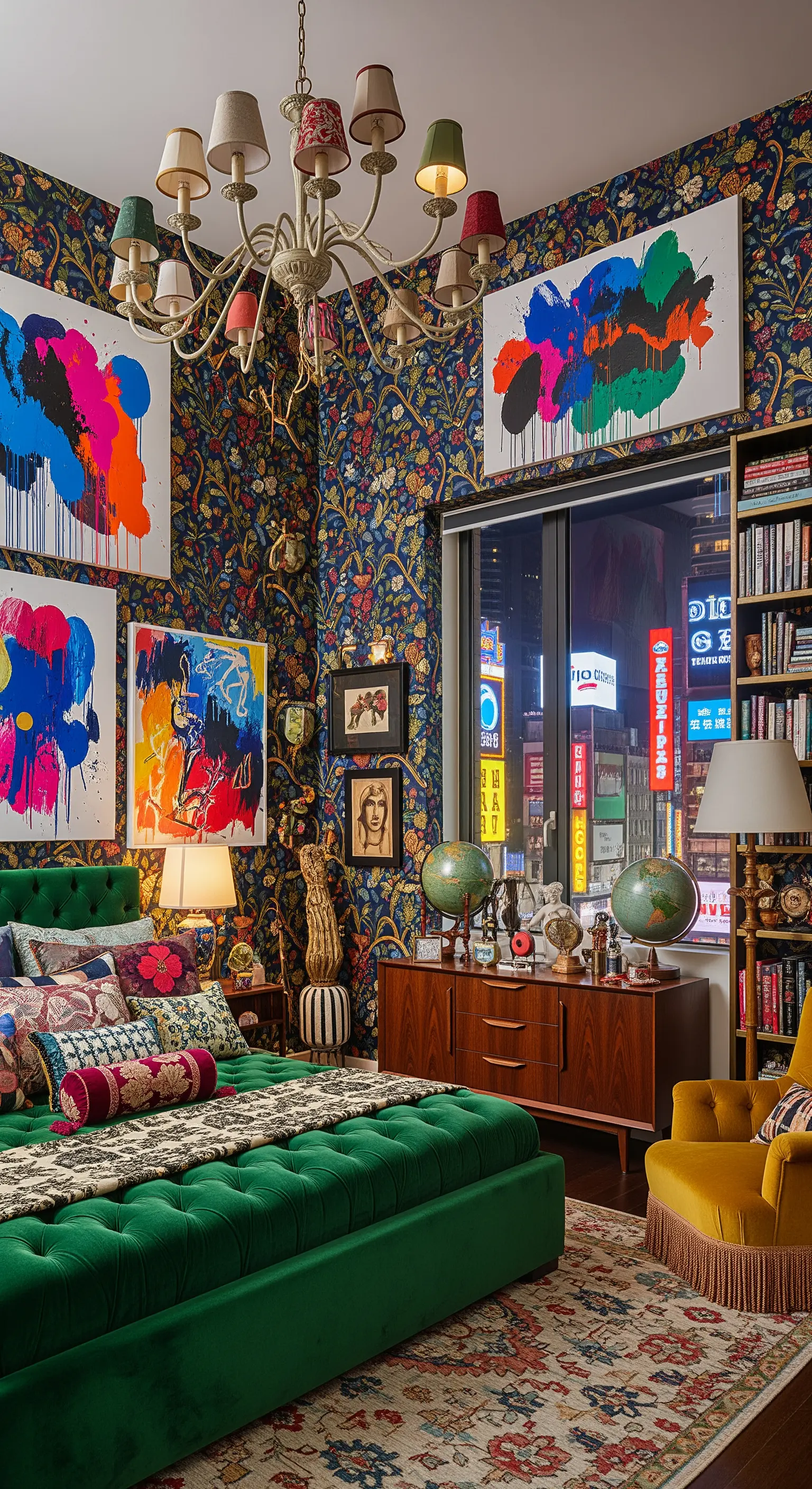 Buntes, maximalistisches Schlafzimmer mit Kunstwerken und grüner Samtcouch