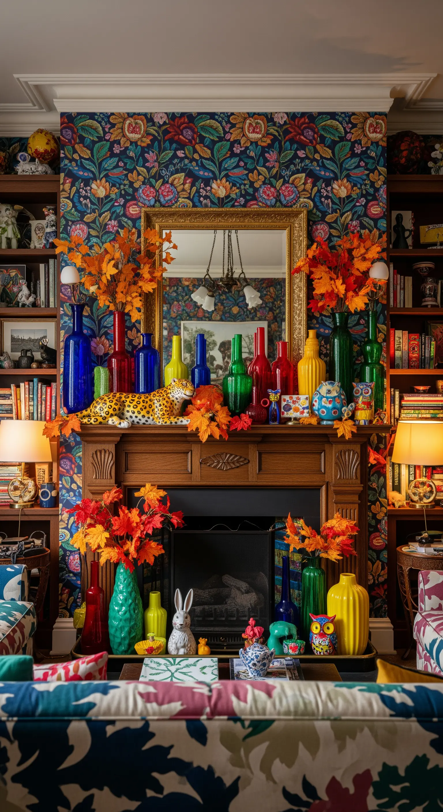 Kamin vor bunter Blumentapete mit farbigen Vasen und Leopardenfigur