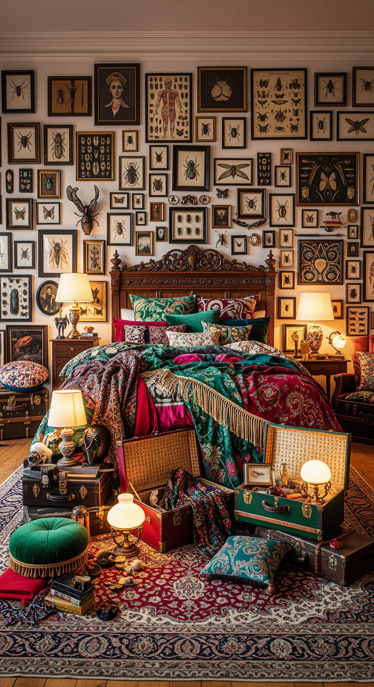Schlafzimmer mit Insekten-Bilderwand und alten Koffern
