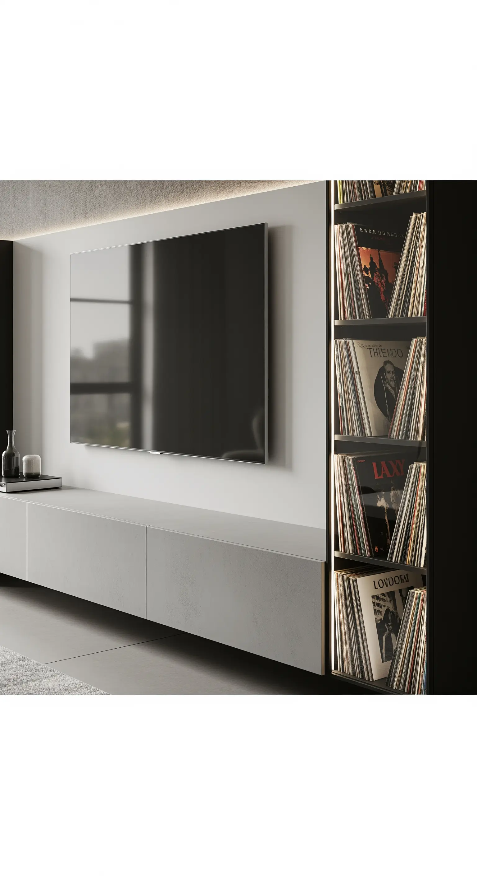 Schwebendes Lowboard in Betonoptik mit TV und Plattensammlung