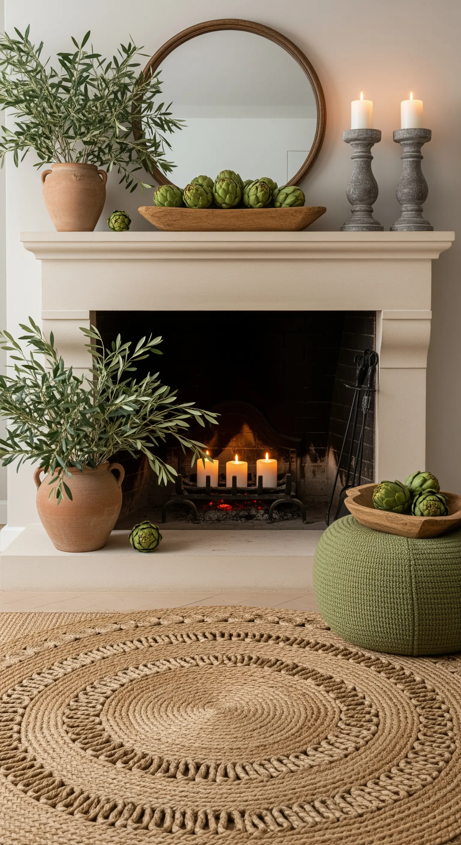 Olivenzweige in Terrakotta-Vase und Artischocken-Deko