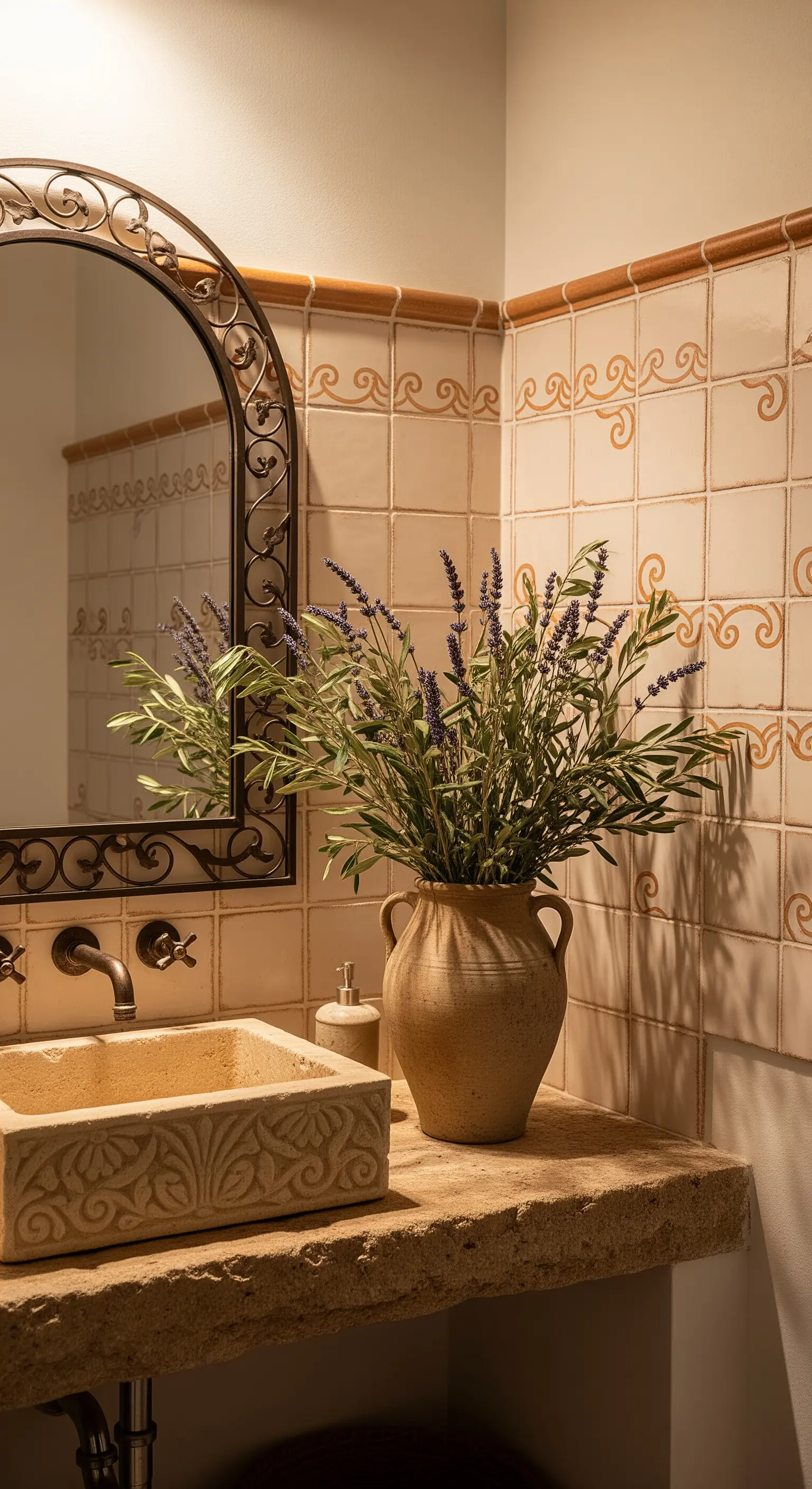 Rustikales Bad mit bemalten Fliesen und großer Tonvase