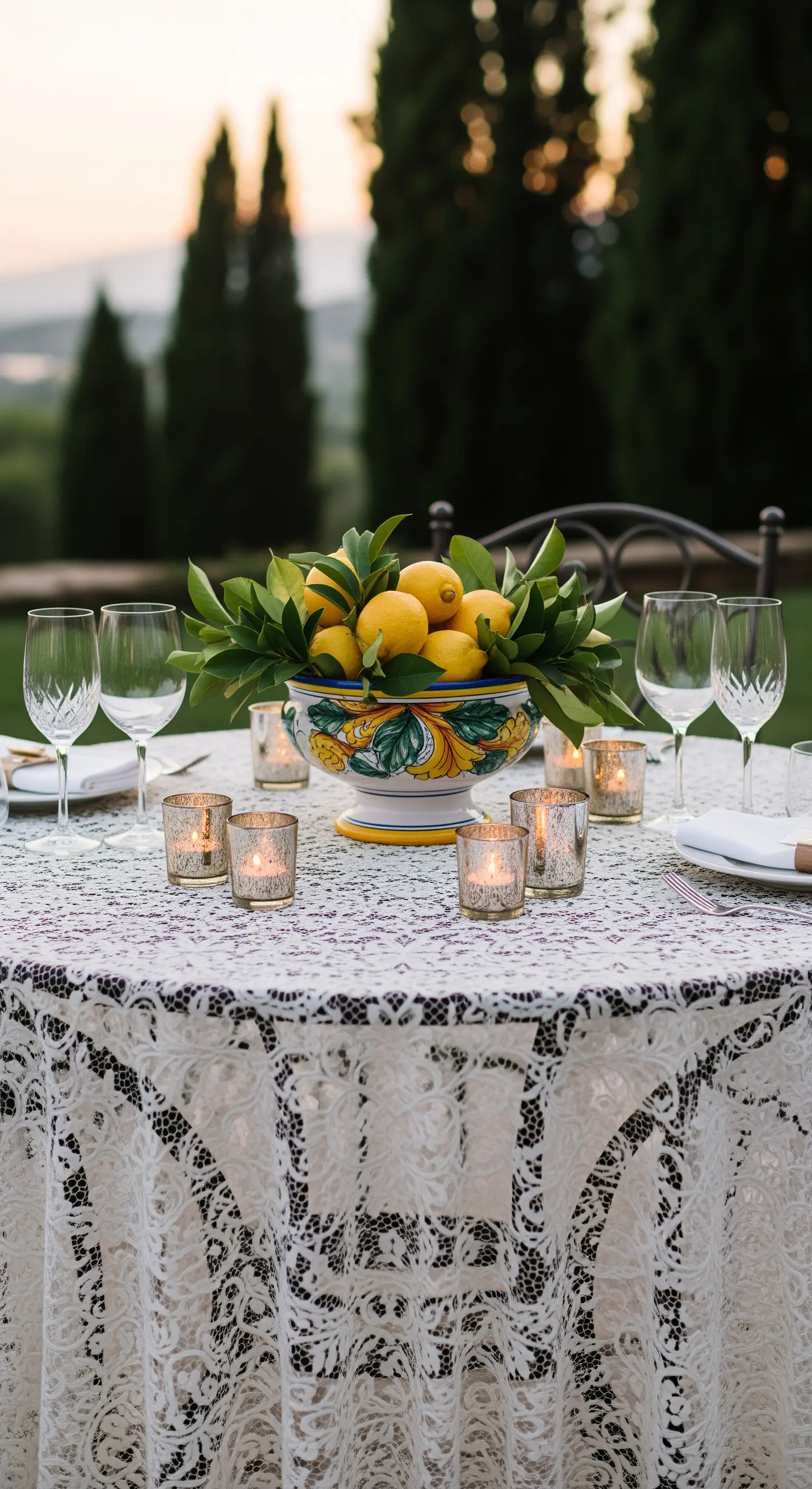 Runder Tisch mit Spitzendecke und bunter Zitronenschale