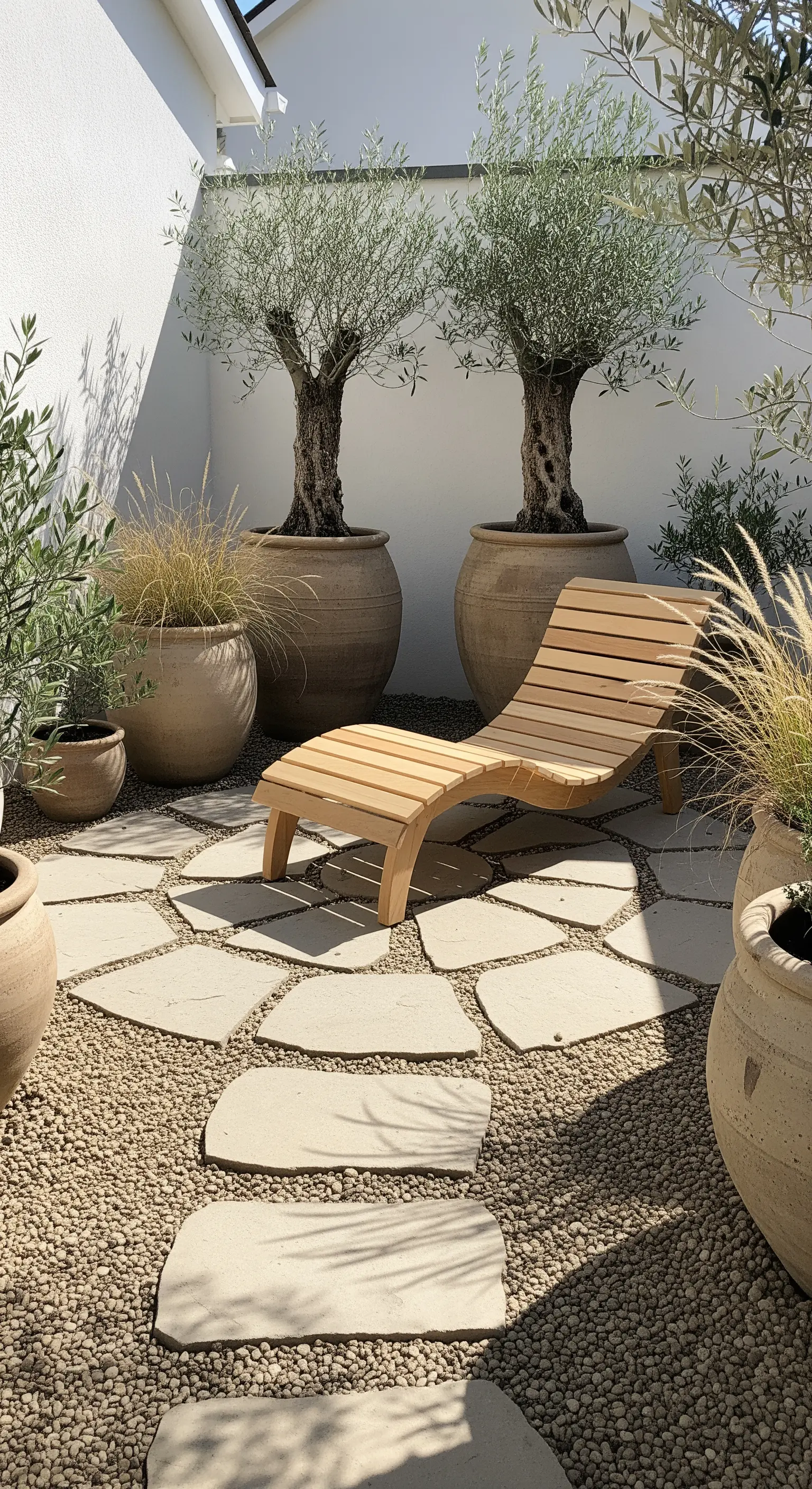 Olivenbäume in großen Tontöpfen auf Kiesfläche