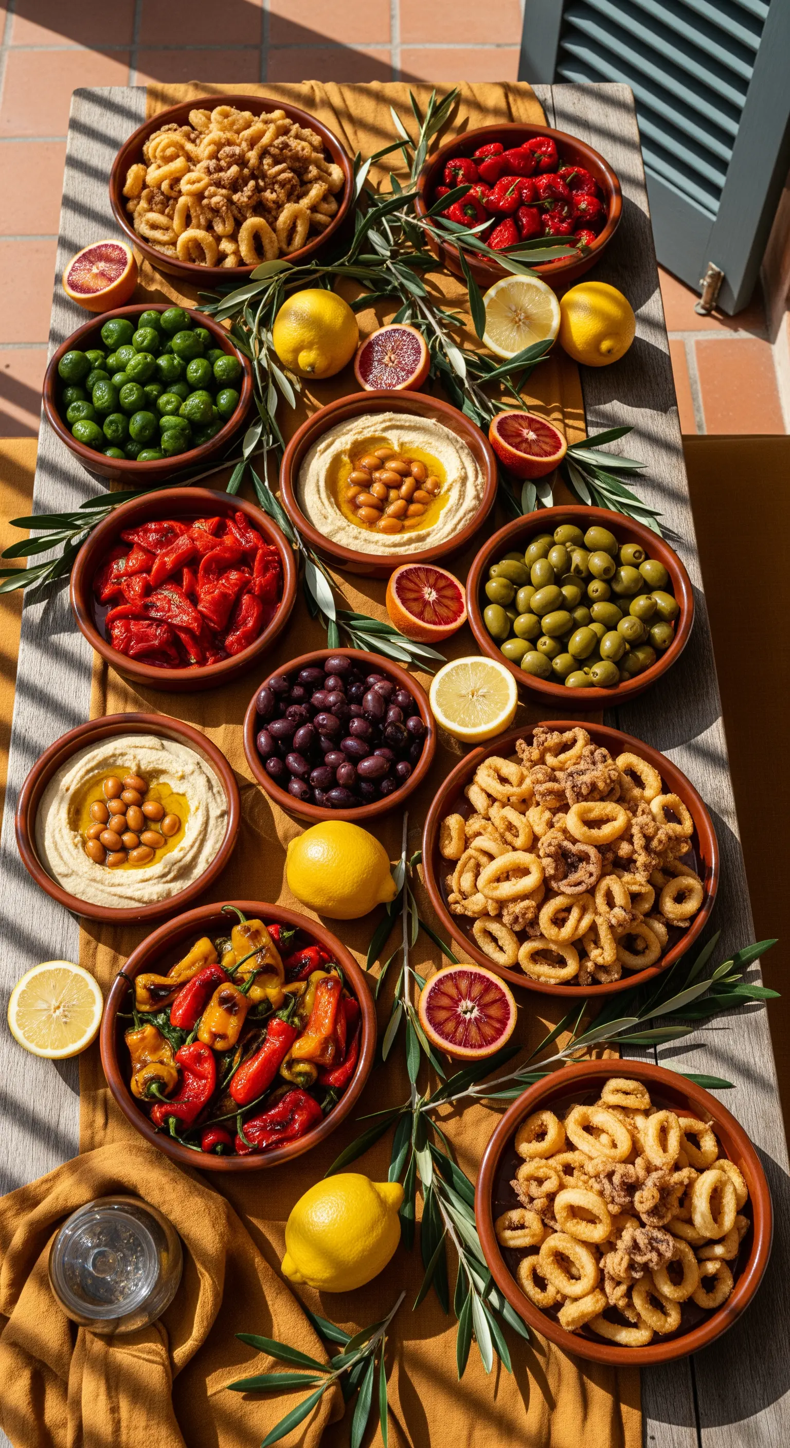 Tisch voller Tapas-Schalen, Zitronen und Brot